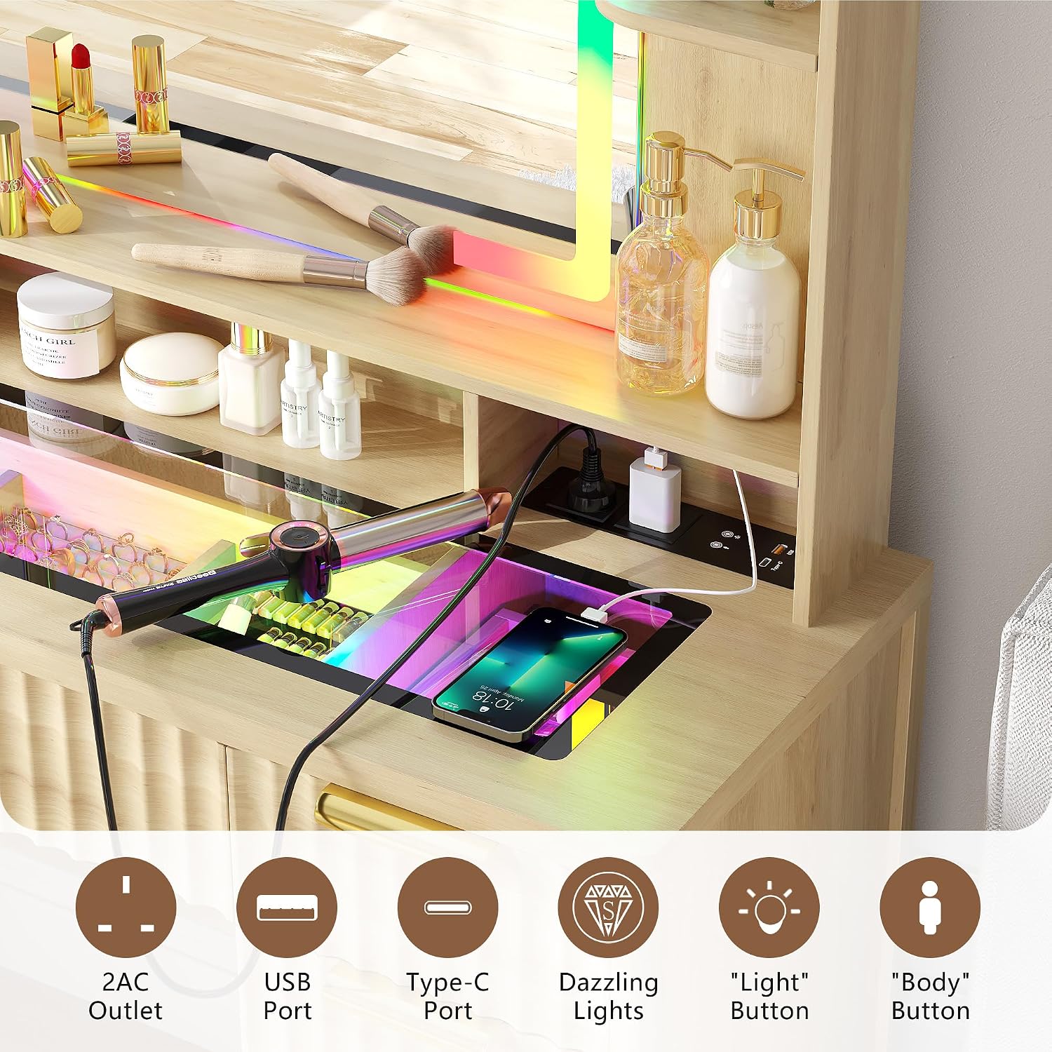 Fluted Makeup Vanity with Large Storage & RGB Lighting, Vanity Desk with 9 Drawers, Jewelry Organizer, Open Shelves & Charger Station, Dressing Table Gift for Women/Girls/Lady, Wood