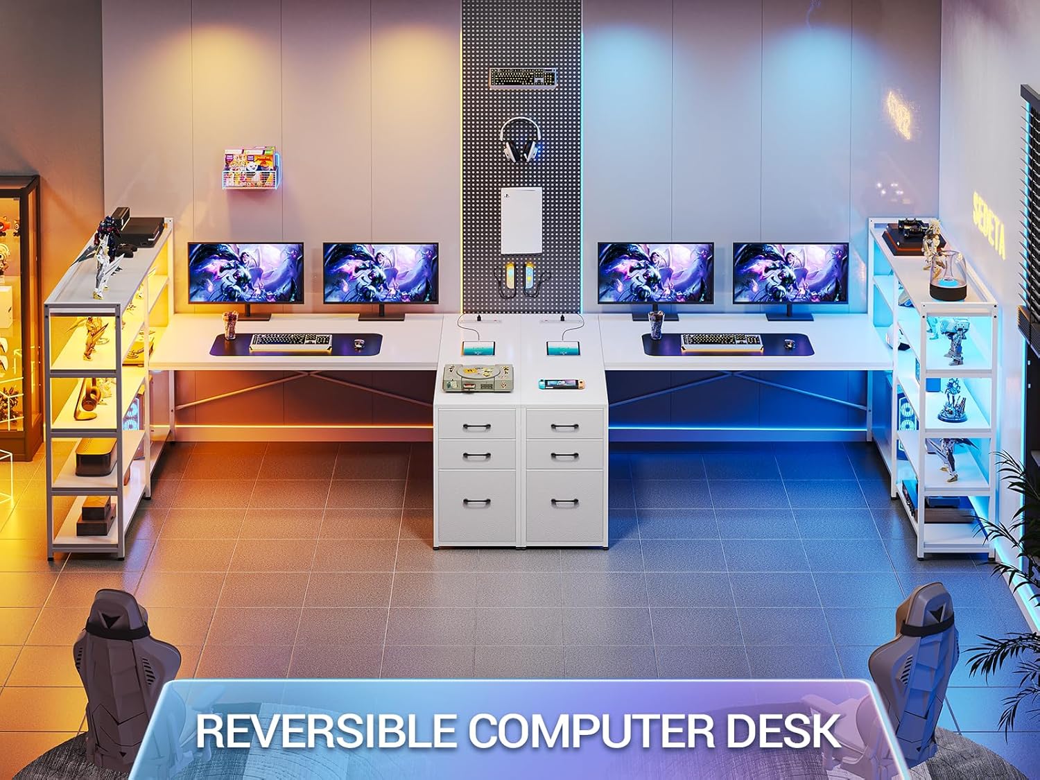 SEDETA L Shaped Office Desk with Drawers, 64.5' Reversible Computer Desk with Storage Shelves and Power Outlet, Corner Gaming Desk with LED Strip for Home Office, White