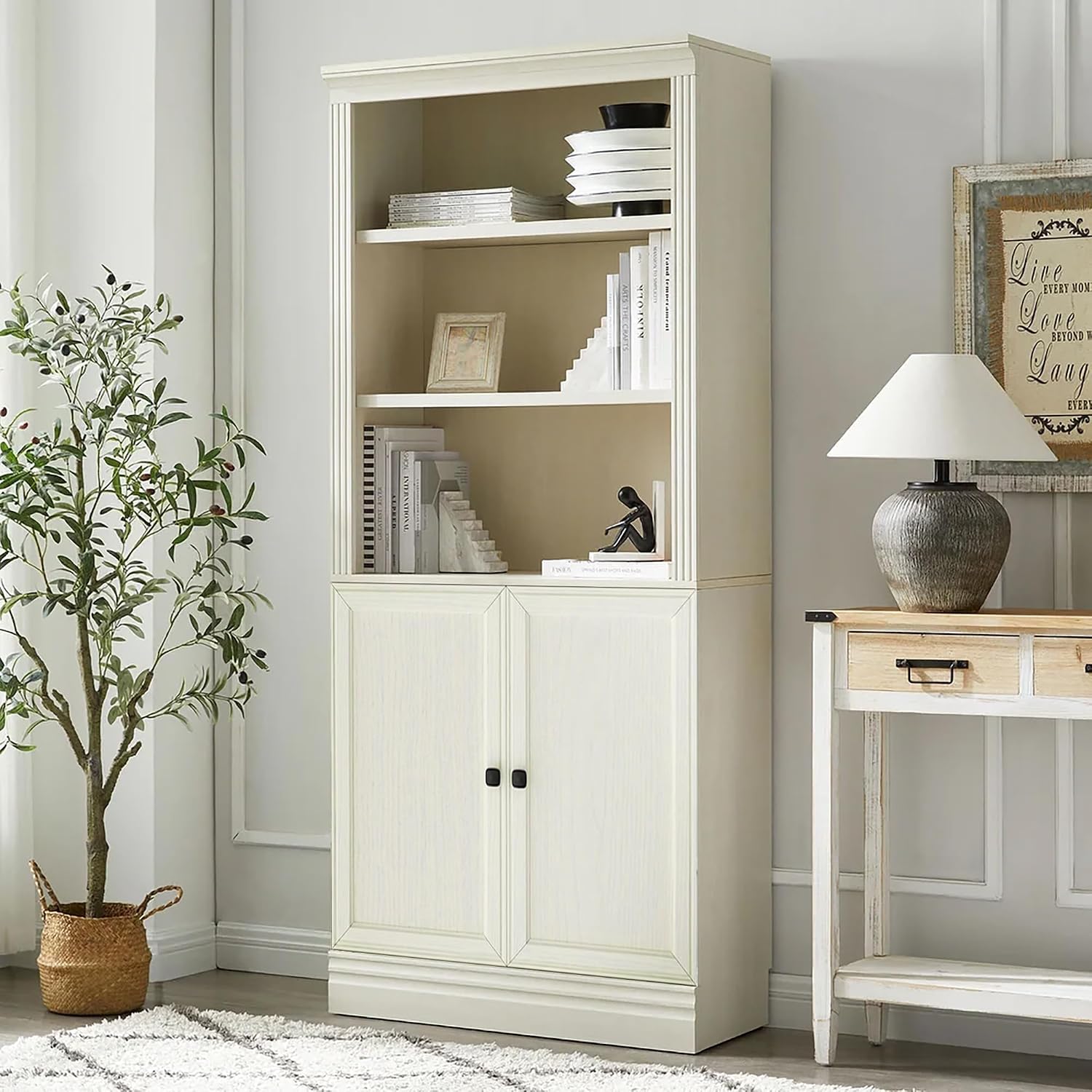 JAHRSTIM Halston Bookcase with Doors, 5-Tier Tall Storage Shelf, Adjustable Shelving Unit Closet Organizer and Storage for Living Room Home Office Bedroom, Modular Bookcase Bookshelf with Doors