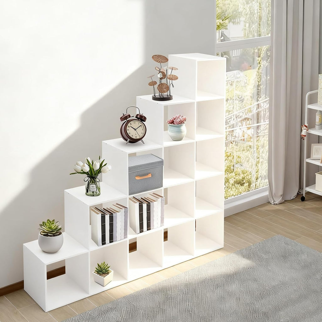 Ladder Cube Storage Bookcase 15-Cube Organizer for Home & Office L-Shaped Corner Shelf Freestanding L-Shaped Stepped Bookcase for Living Room Bedroom (White, 15-Cube)