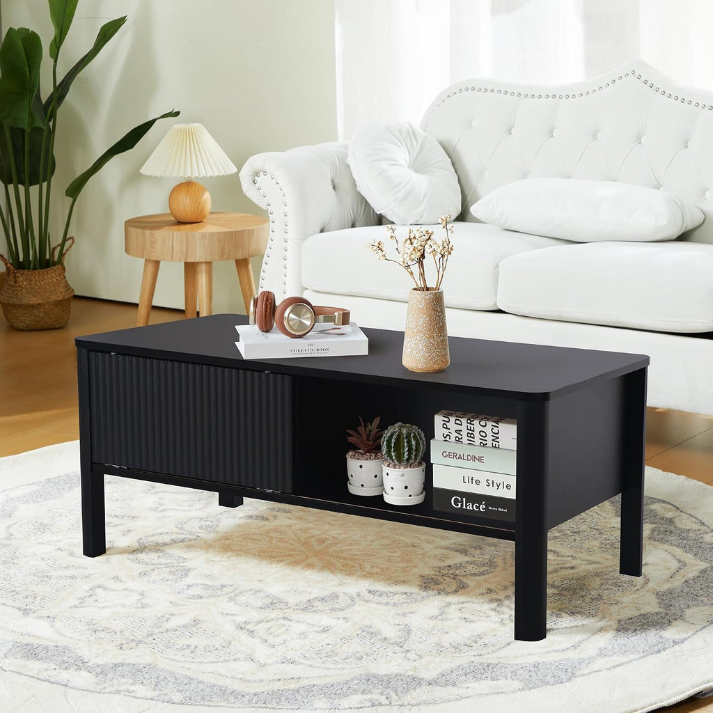 TV Stand and Coffee Table Set, Rectangle Fluted Coffee Table and TV Stand with Storage and Sliding Doors, Living Room Coffee Table and TV Stand Set, Mid Century Modern and Low Small (Black)