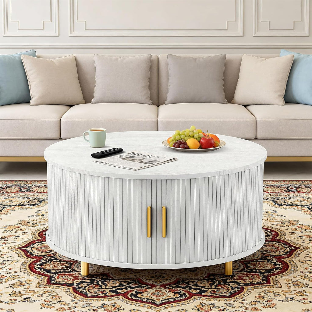 DHH Round Coffee Table, 31.5' Mid Century Modern Coffee Table with 360° Sliding Tambour Door, Fluted Accent Coffee Table with Storage Adjustable Footpads for Living Room(Grayish White)