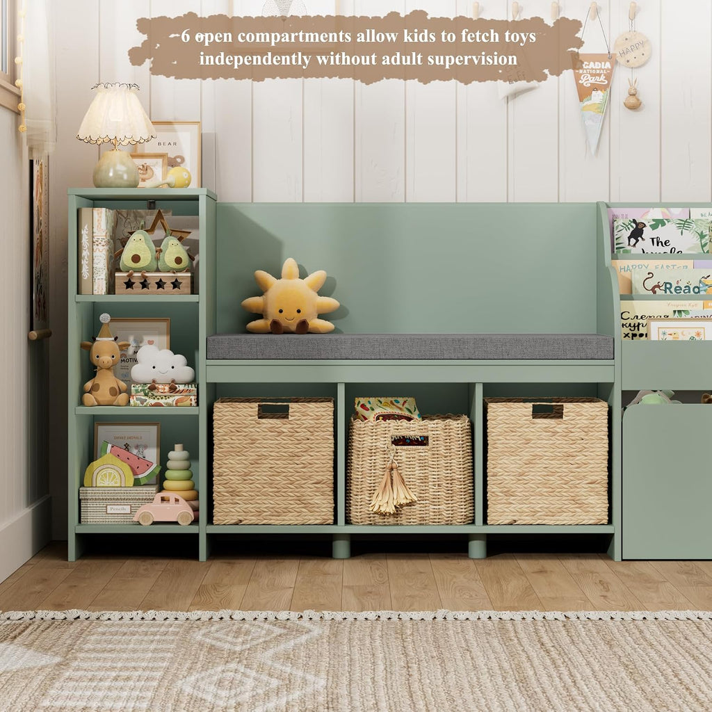 HOSTACK 67' W Kids Reading Nook with Toy Storage Organizer, Large Kids Bookshelf with Toy Storage Box on Wheels, Big Kid Bookcase with Bench and 6 Open Cubbies for Playroom, Kid Room, Green
