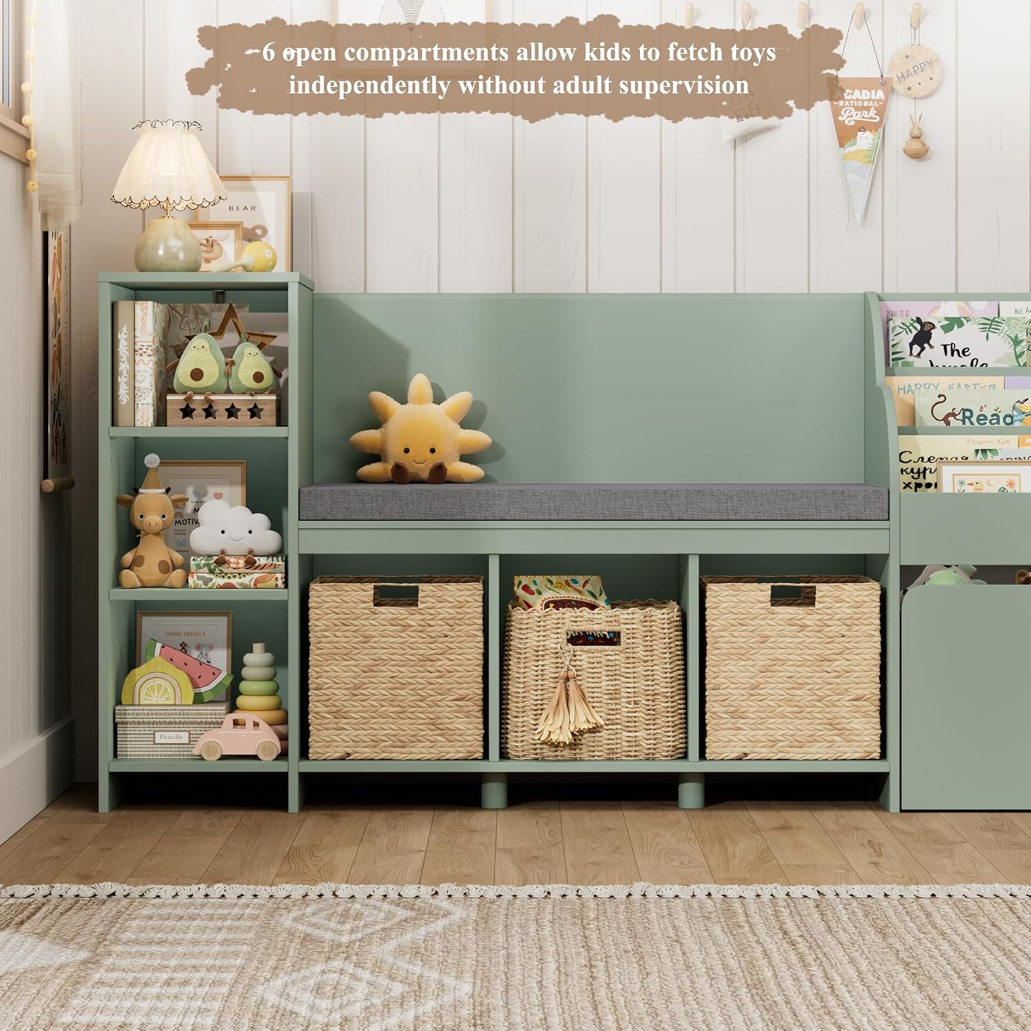 HOSTACK 67' W Kids Reading Nook with Toy Storage Organizer, Large Kids Bookshelf with Toy Storage Box on Wheels, Big Kid Bookcase with Bench and 6 Open Cubbies for Playroom, Kid Room, Green