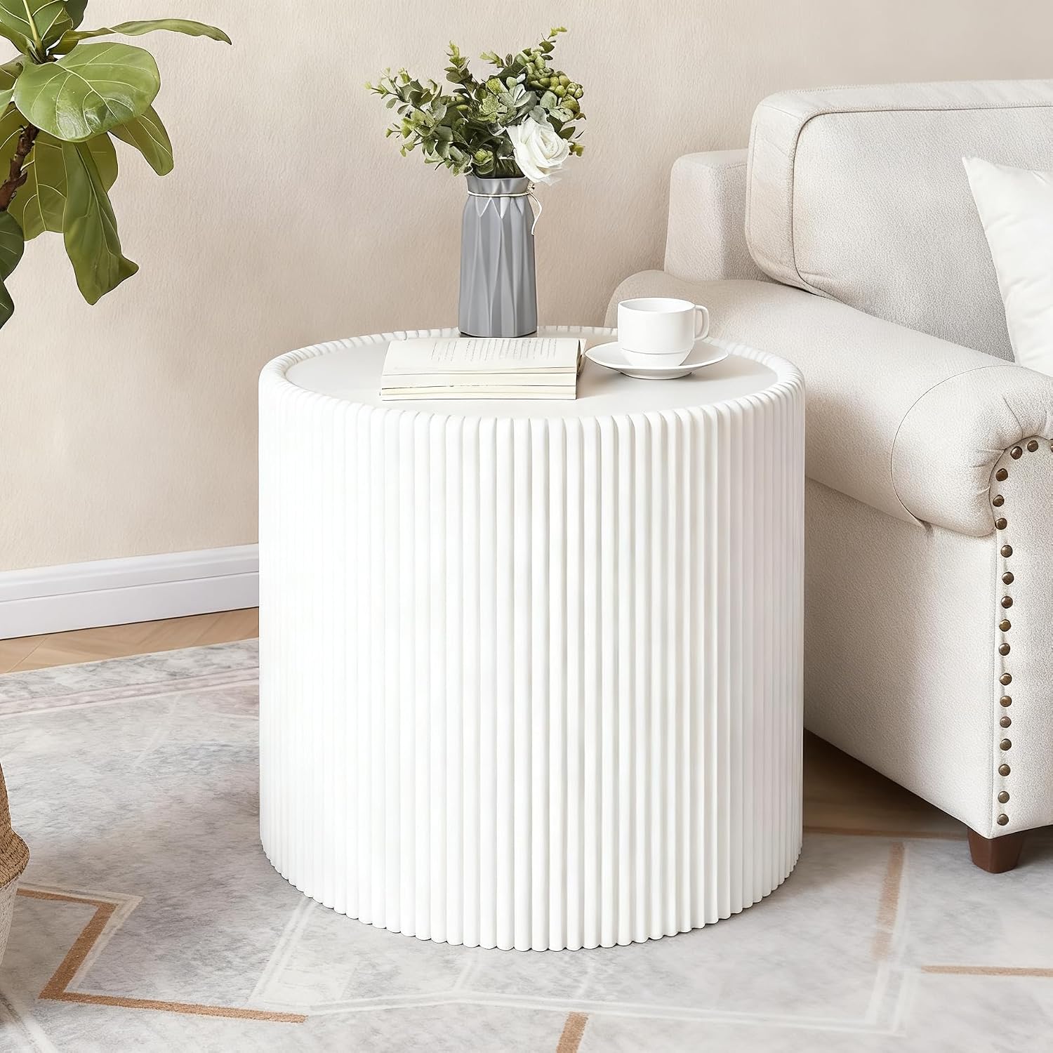 Round Coffee Table Set with Sintered Stone Tabletop, 29.52' Grey Drum Center Table and 17.71' White Coffee Table Set, 2 Pieces Living Room Table Set with Fluted PU Leather Cover& Stable Base