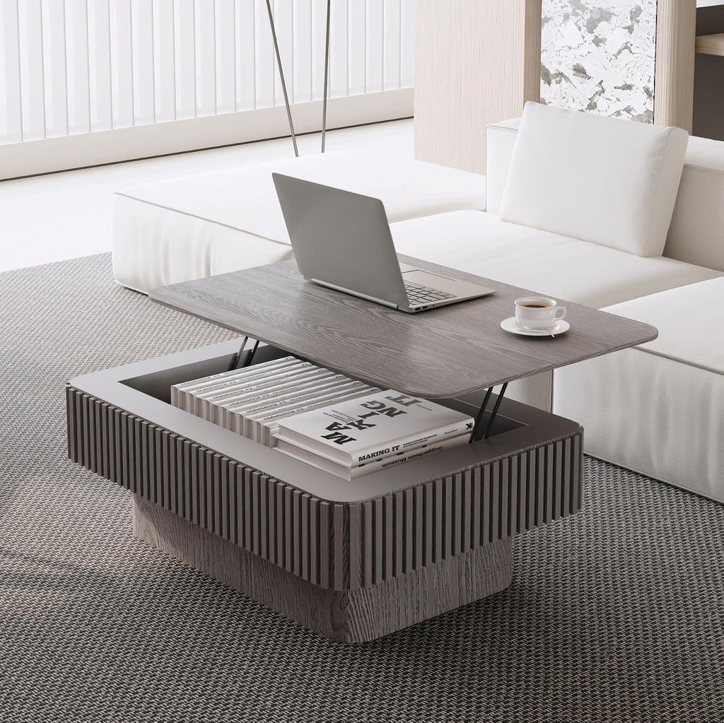 Lift Coffee Table with Storage & Adjustable Height, Rectangle Solid Wood Coffee Table Fluted Center Table Accent Tea Table or Living Room, Apartment, Office (38.6' Grey)