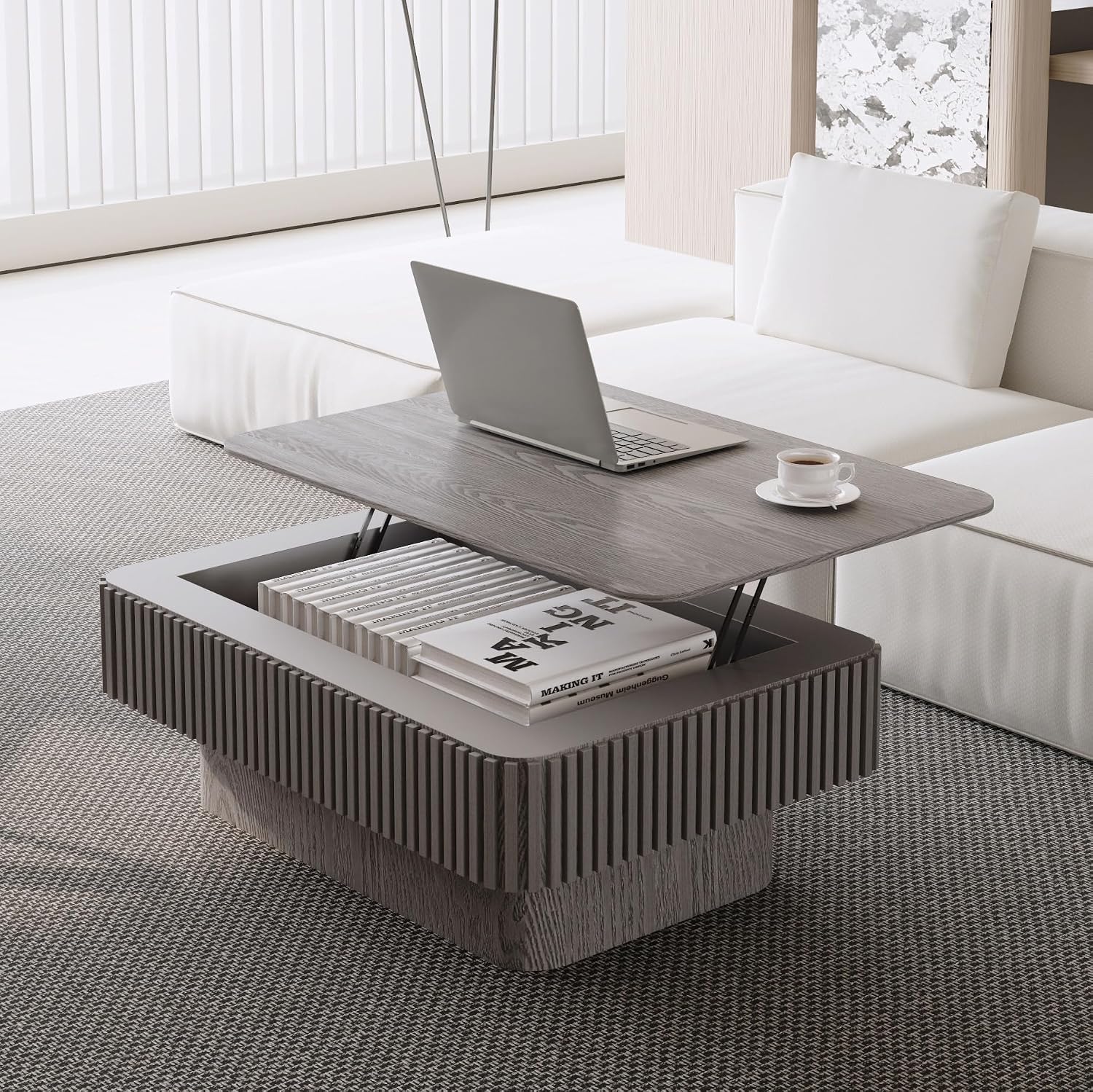 Lift Coffee Table with Storage & Adjustable Height, Rectangle Solid Wood Coffee Table Fluted Center Table Accent Tea Table or Living Room, Apartment, Office (38.6' Grey)