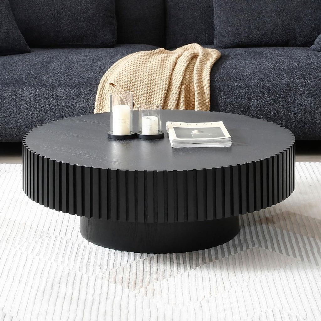 JUSTONE 31.5' Modern Farmhouse Black Round Coffee Table - Wood Drum Accent Table for Living Room,Handcrafted Relief Carving,ø31.5' x 13.8'H (Black)