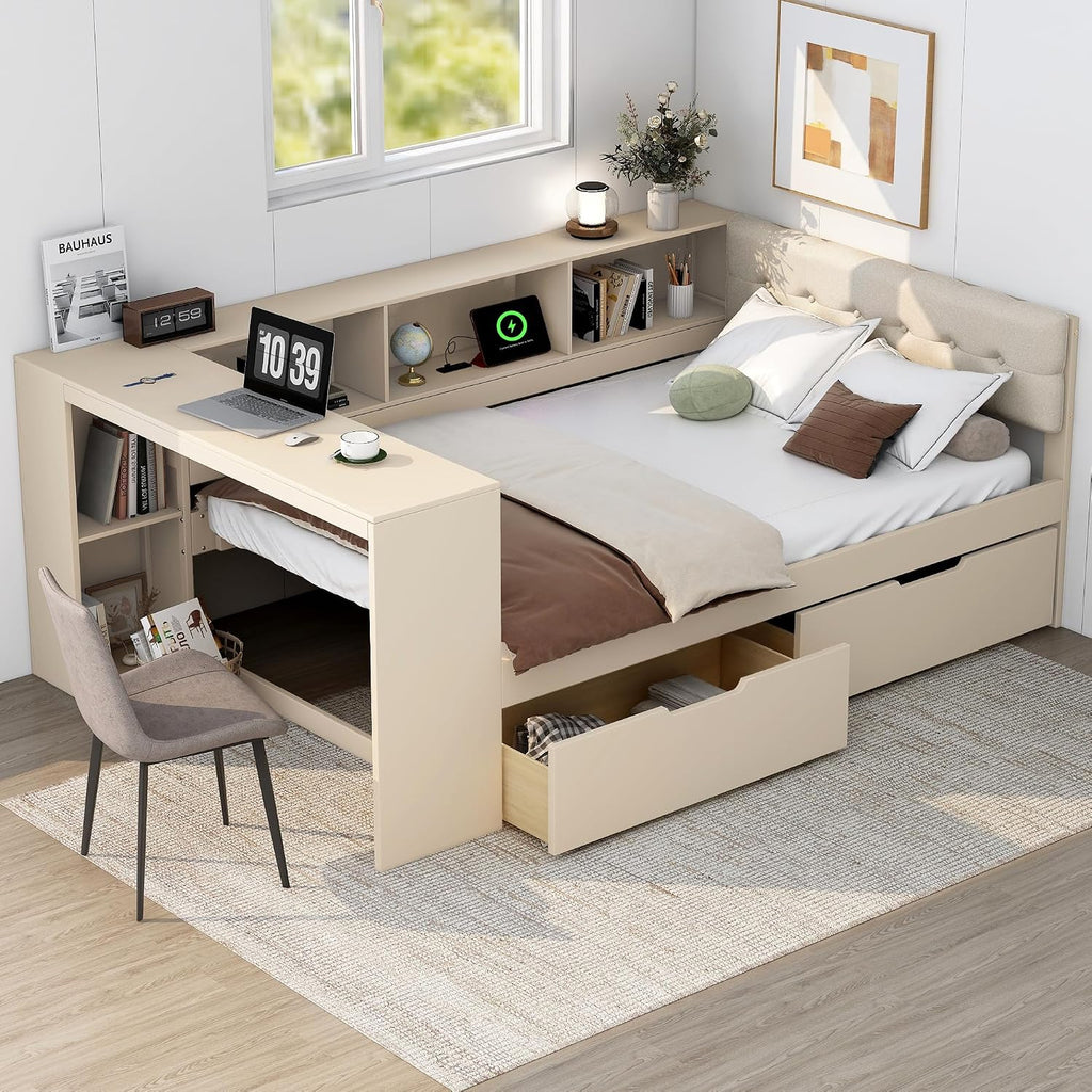 Bellemave Full Size Corner Bed Frame with Storage Drawers and Desk,Captain Daybed with L-Shaped Bookcase,Corner Bed Frame Full Size with Charging Station for Kids,Teens,Guests,Cream
