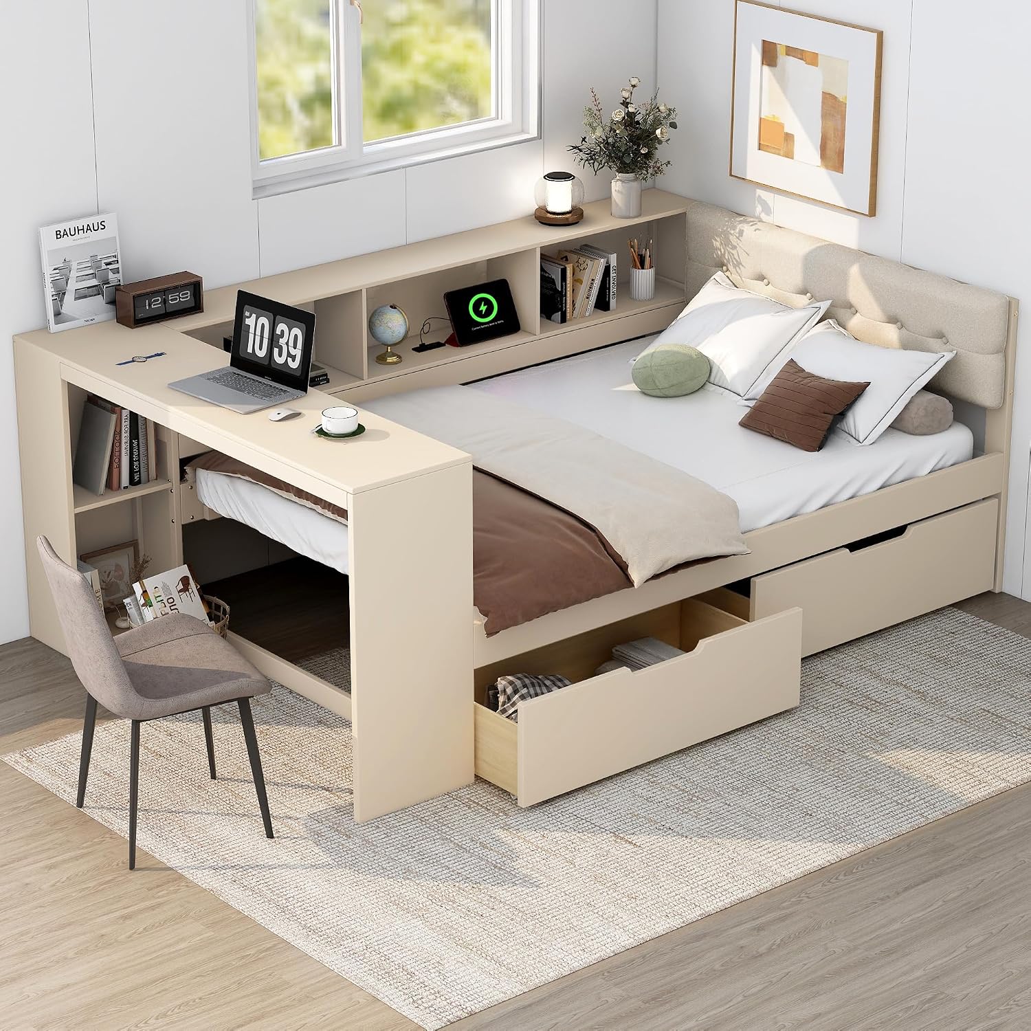 Bellemave Full Size Corner Bed Frame with Storage Drawers and Desk,Captain Daybed with L-Shaped Bookcase,Corner Bed Frame Full Size with Charging Station for Kids,Teens,Guests,Cream