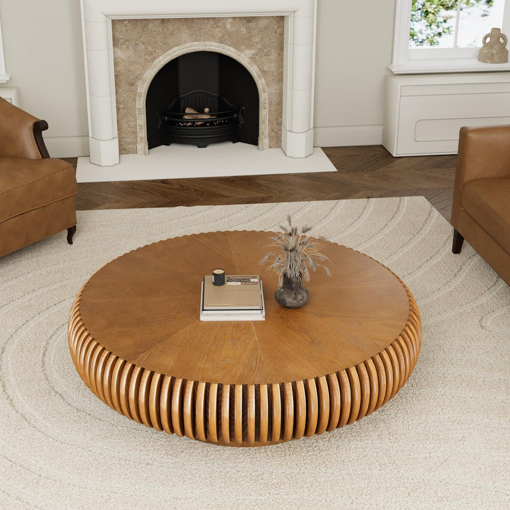 39.3' Drum Coffee Table Modern Unique Fluted Tea Table Contemporary Wood Round Coffee Table with Fluted Centry Table for Living Room Walnut (39.3' Brown)