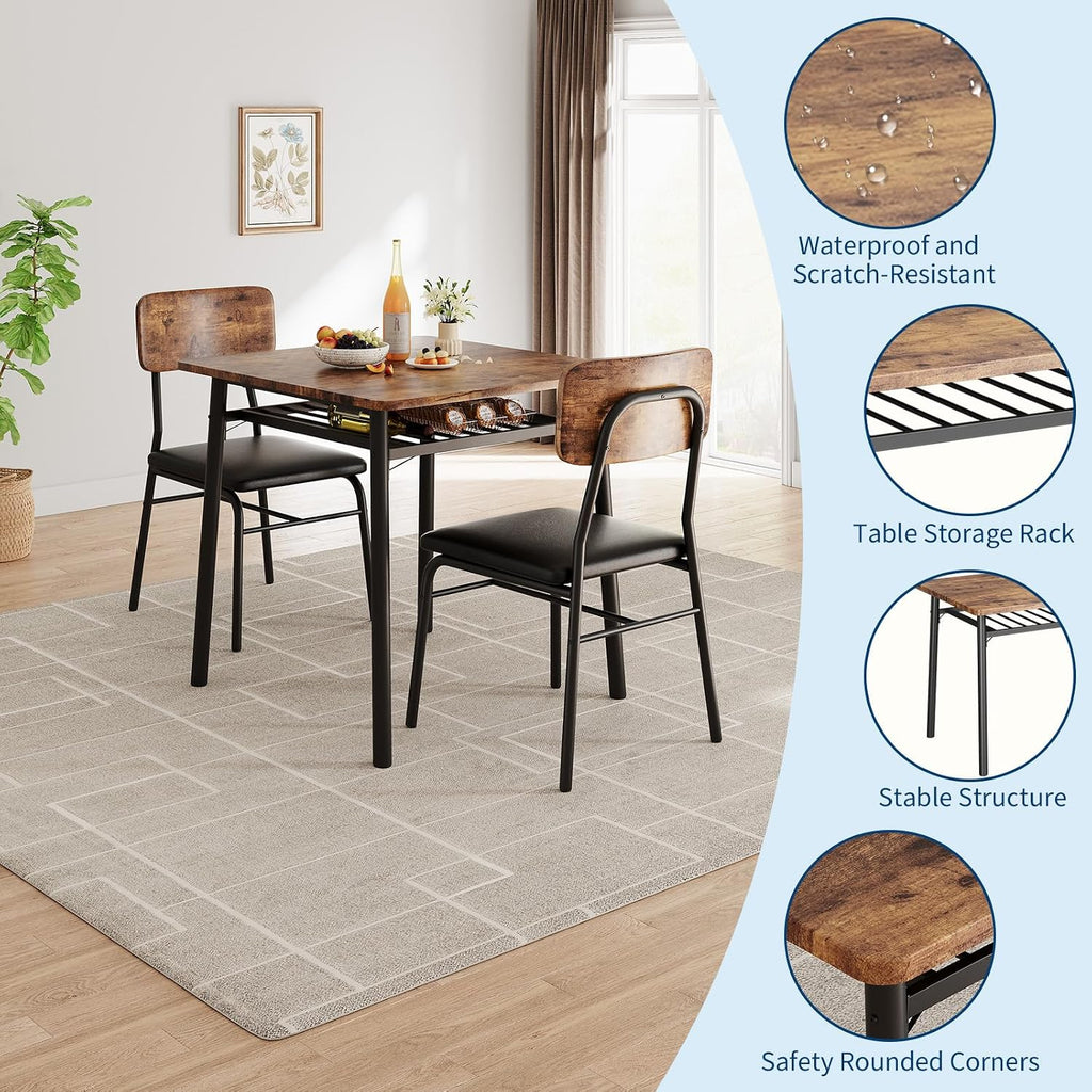 GarveeHome Dining Table for 2 with Storage Rack, Small Kitchen Table for 2 with Metal Frame, Square Table with Upholstered Chairs Set of 2, 3-Piece Dining Room Set for Small Space, Apartment, Brown