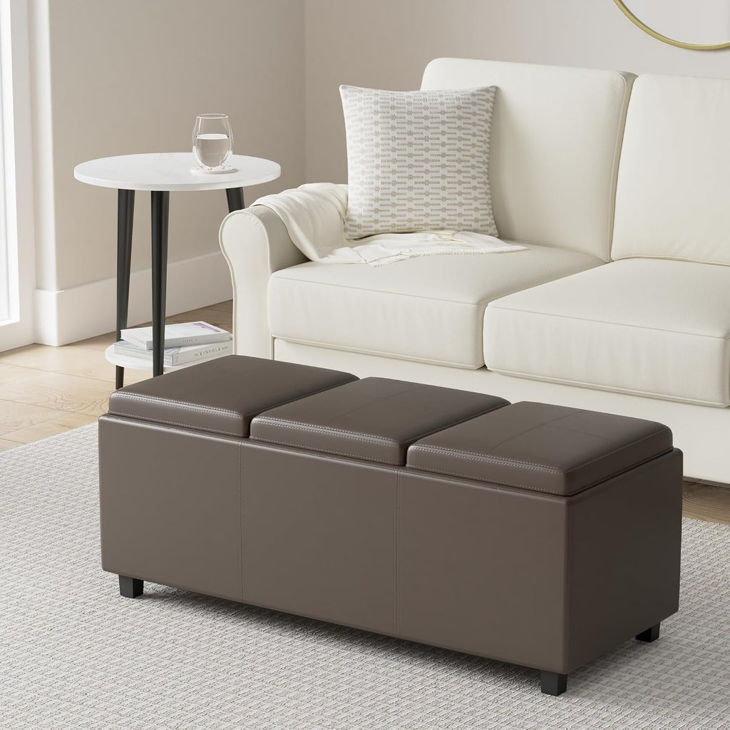 SIMPLIHOME Avalon Storage Ottoman - 42 inch Wide Upholstered Vegan Leather Rectangular Flip-Top Ottoman in Chocolate Brown, Contemporary Coffee Table Ottoman for Living Room with Hidden Storage