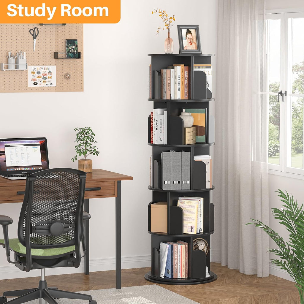 Aheaplus 5 Tier Rotating Bookshelf, Wood Spinning Bookshelf Tower, Round Revolving 360 Bookcase, Narrow Turning Book Shelf Rolling Corner Organizer for Small Space, Bedroom, Office, Black