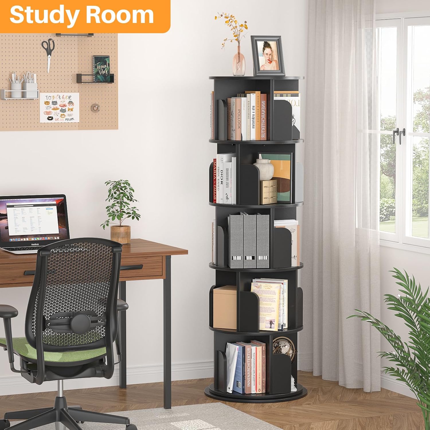 Aheaplus 5 Tier Rotating Bookshelf, Wood Spinning Bookshelf Tower, Round Revolving 360 Bookcase, Narrow Turning Book Shelf Rolling Corner Organizer for Small Space, Bedroom, Office, Black