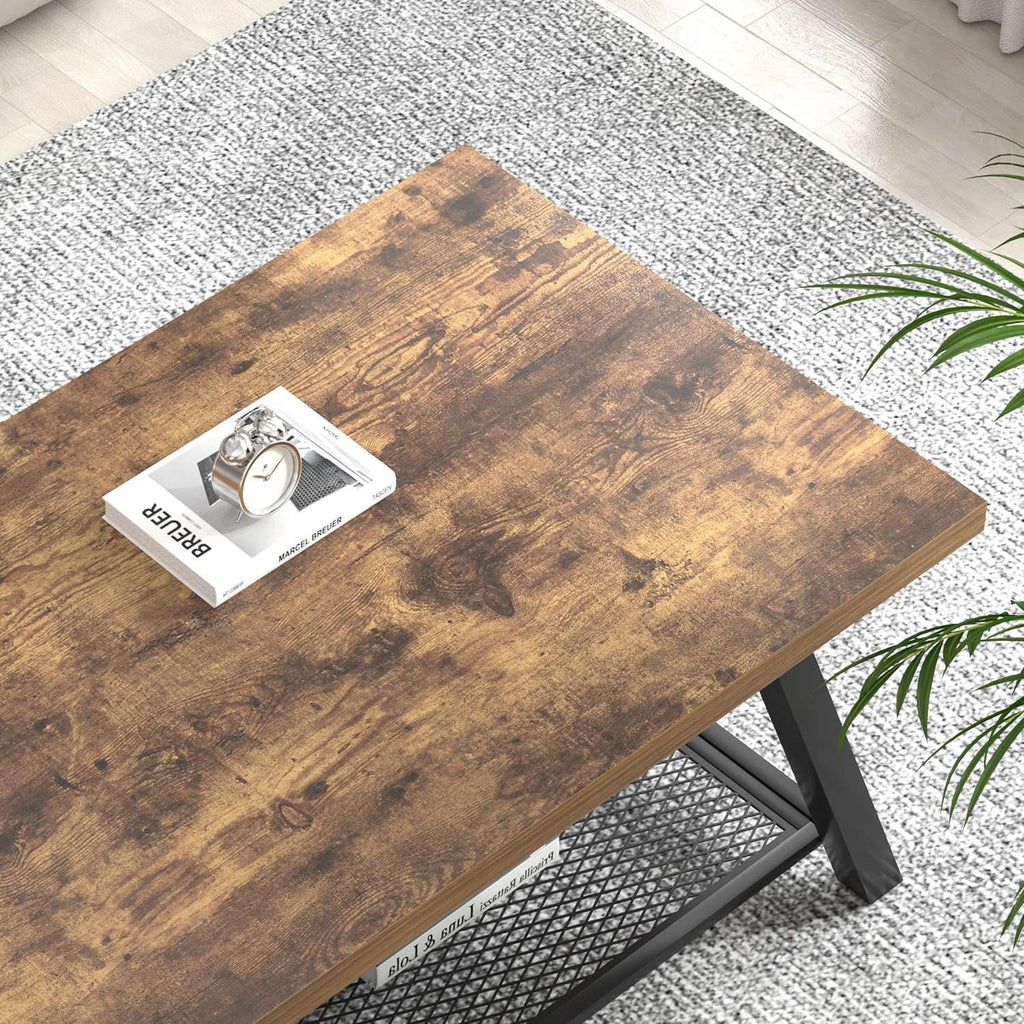 FOLUBAN Modern Coffee Table, Wood and Metal Coffee Tables for Living Room with Storage Shelf, Industrial Rectangle Cocktail Tea Table, Rustic Brown, 47 Inch
