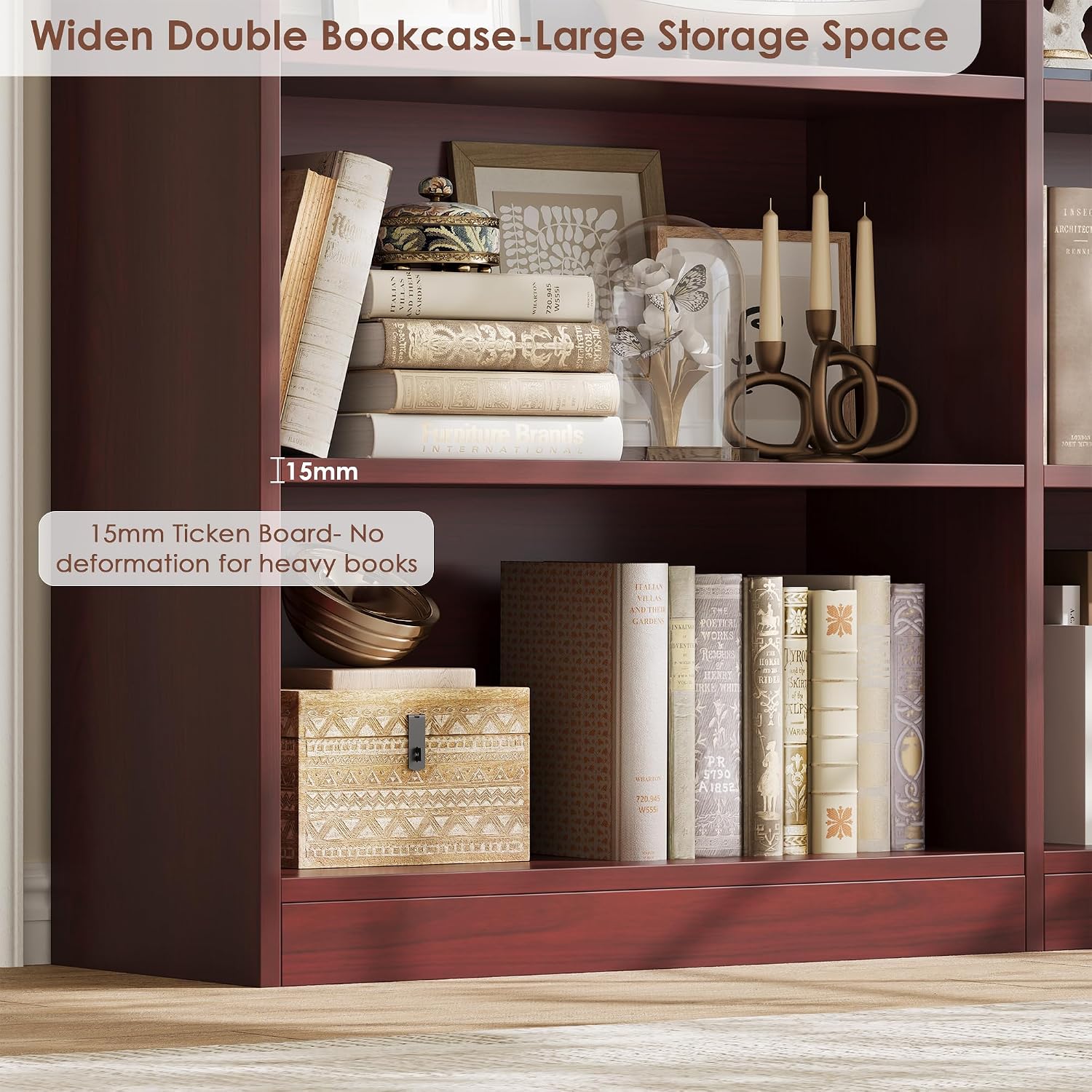 FACBOTALL Bookshelf and Bookcase, 6-Tier Double Wide Bookshelves,Freestanding Display Storage Shelves, Tall Bookcases for Home Decor Bedroom, Living Room, Home Office, Cherry