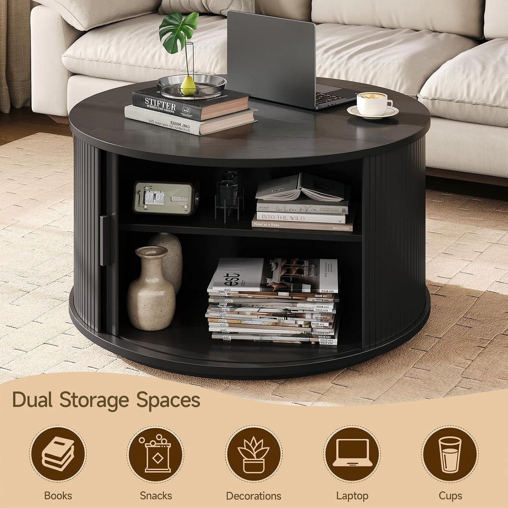 ONBRILL Round Coffee Table with Storage, 31.5' Mid Century Modern Center Table with Sliding Door & Dual Hidden Storage, Fluted Accent Coffee Table for Living Room, Small Space, Black
