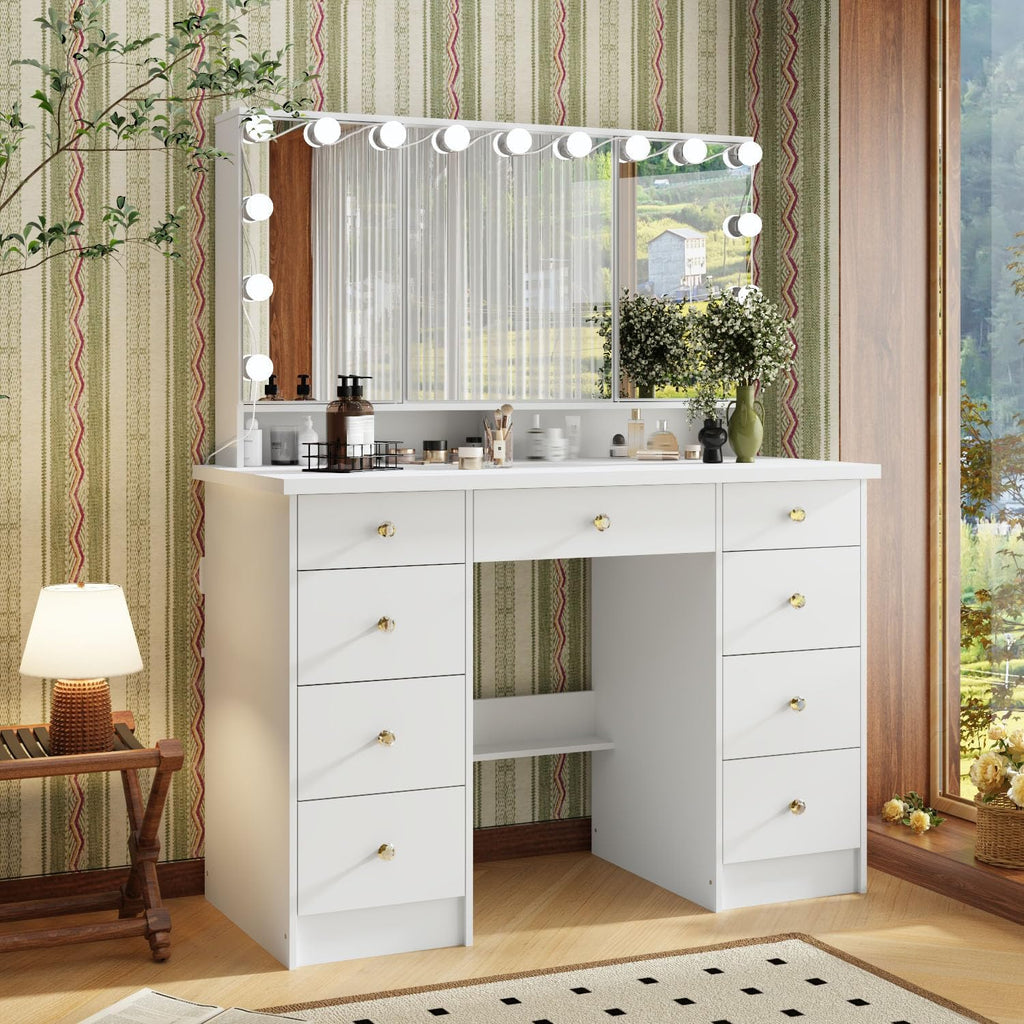 Timechee Vanity Mirror with Lights, Makeup Corner Vanity Desk Set with 9 Storage Drawers, 4 Large Shelves, 3 Color Lighting Options, Small Bulbs for Bedroom, White