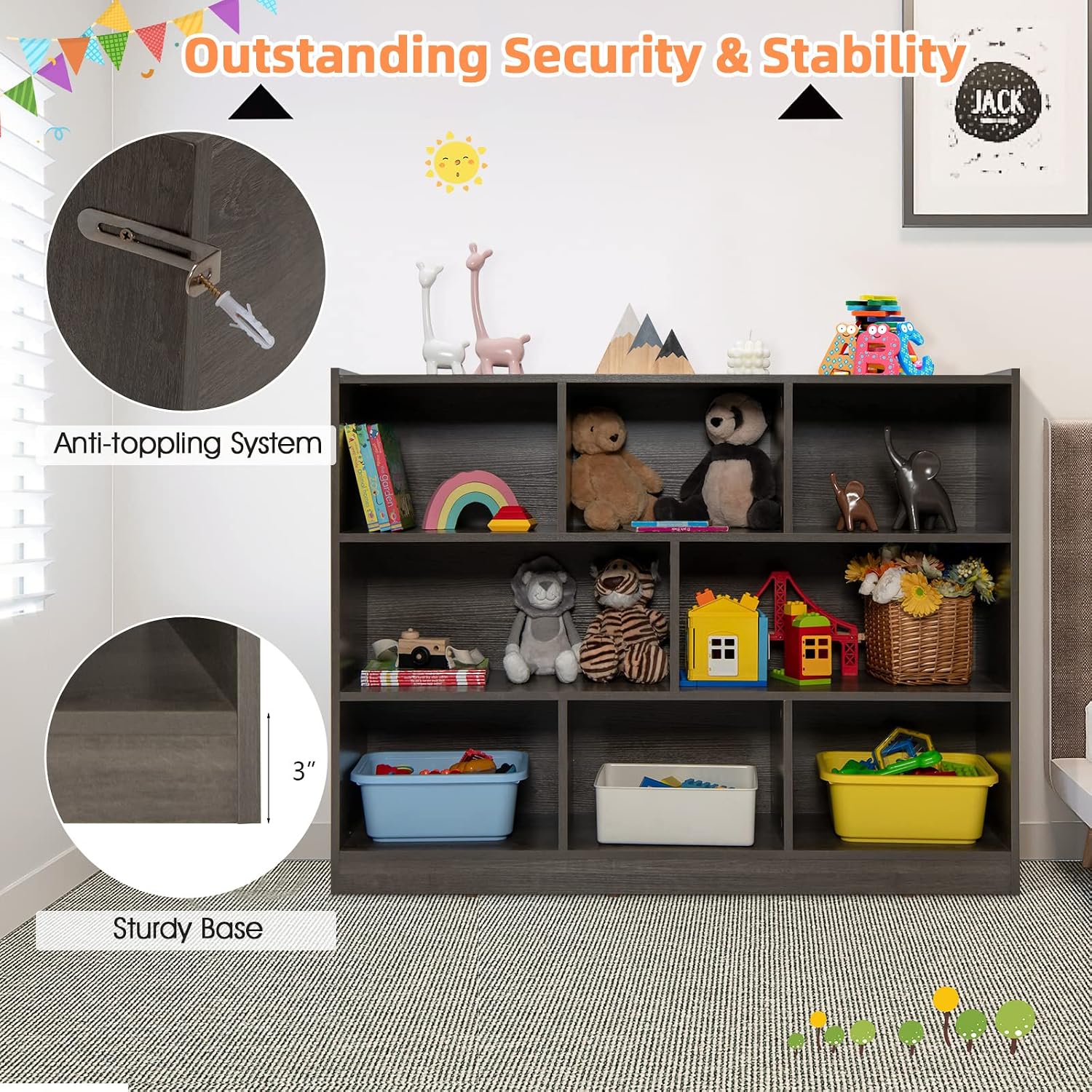 KOTEK Toy Storage Organizer, 8 Cubby Kids Bookshelf, Wooden 4-Tier Bookcase Storage Cabinet, Open Display Book Shelf for Daycare, Nursery, School, Classroom, Playroom (Grey, 8 Cubes)