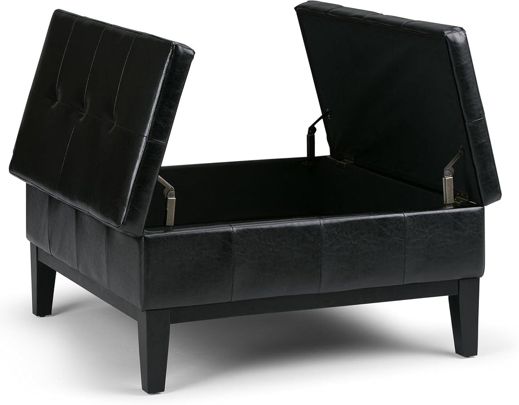SIMPLIHOME Dover 36 inch Wide Contemporary Square Coffee Table Storage Ottoman in Midnight Black Vegan Faux Leather, Assembled, For the Living Room and Bedroom