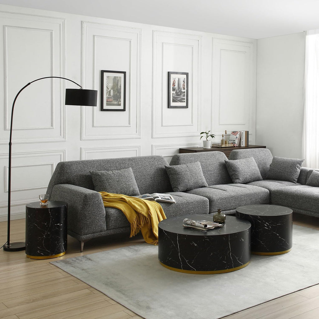 WILLIAMSPACE Wood End Table with Gold Rim Bottom & Marble Texture, Round Side Table for Small Spaces, Nightstand Sofa Table for Living Room Bedroom, ø15.75' * 19.69'H (Black)