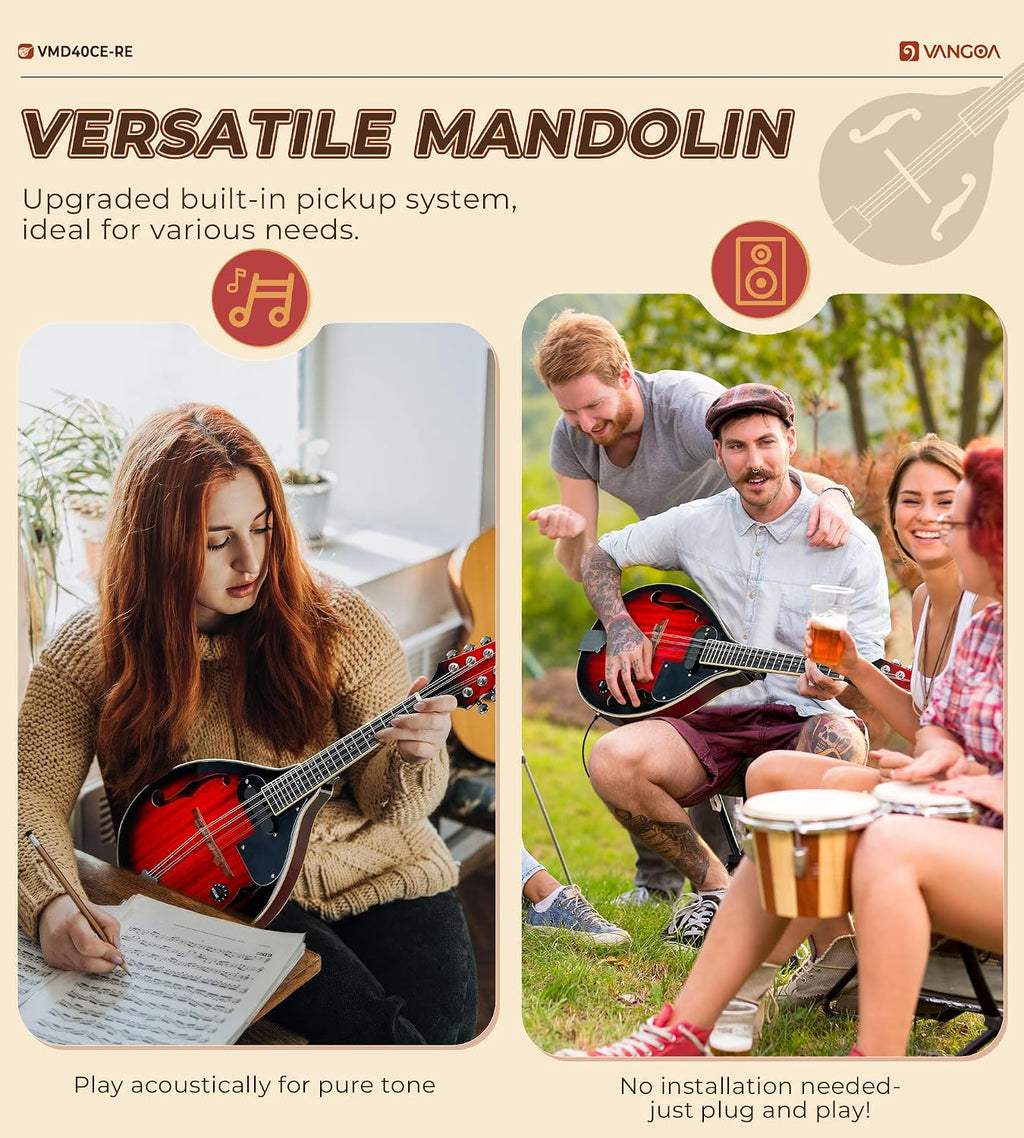 Vangoa Mandolin Musical Instrument A Style Acoustic Electric, 8 Strings Mahogany for Beginner Adults Teens, Red Burst