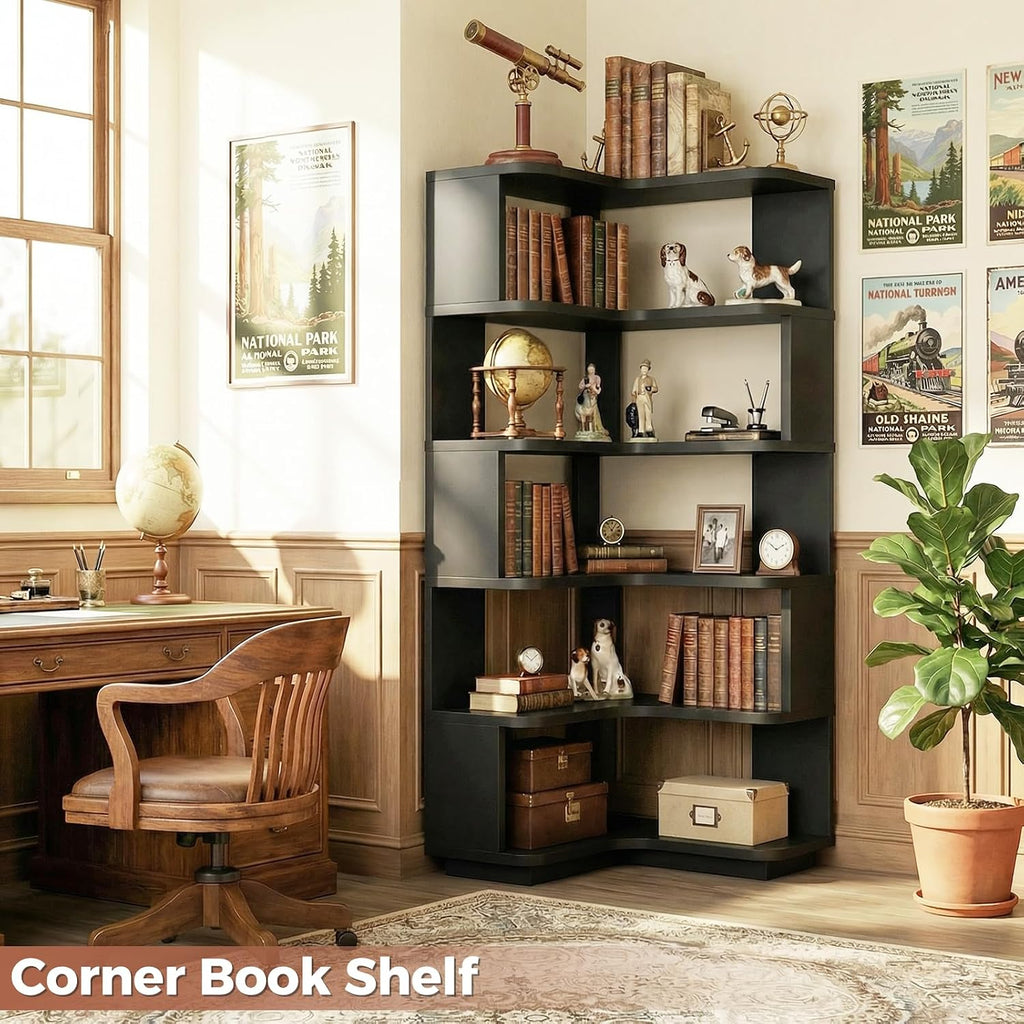 Besiost Corner Book Shelf, 6-Shelf Corner Bookshelf for Small Corner Spaces, L-Shape Bookcase Corner Display Shelf for Home Office, Living Room, Bedroom, Black
