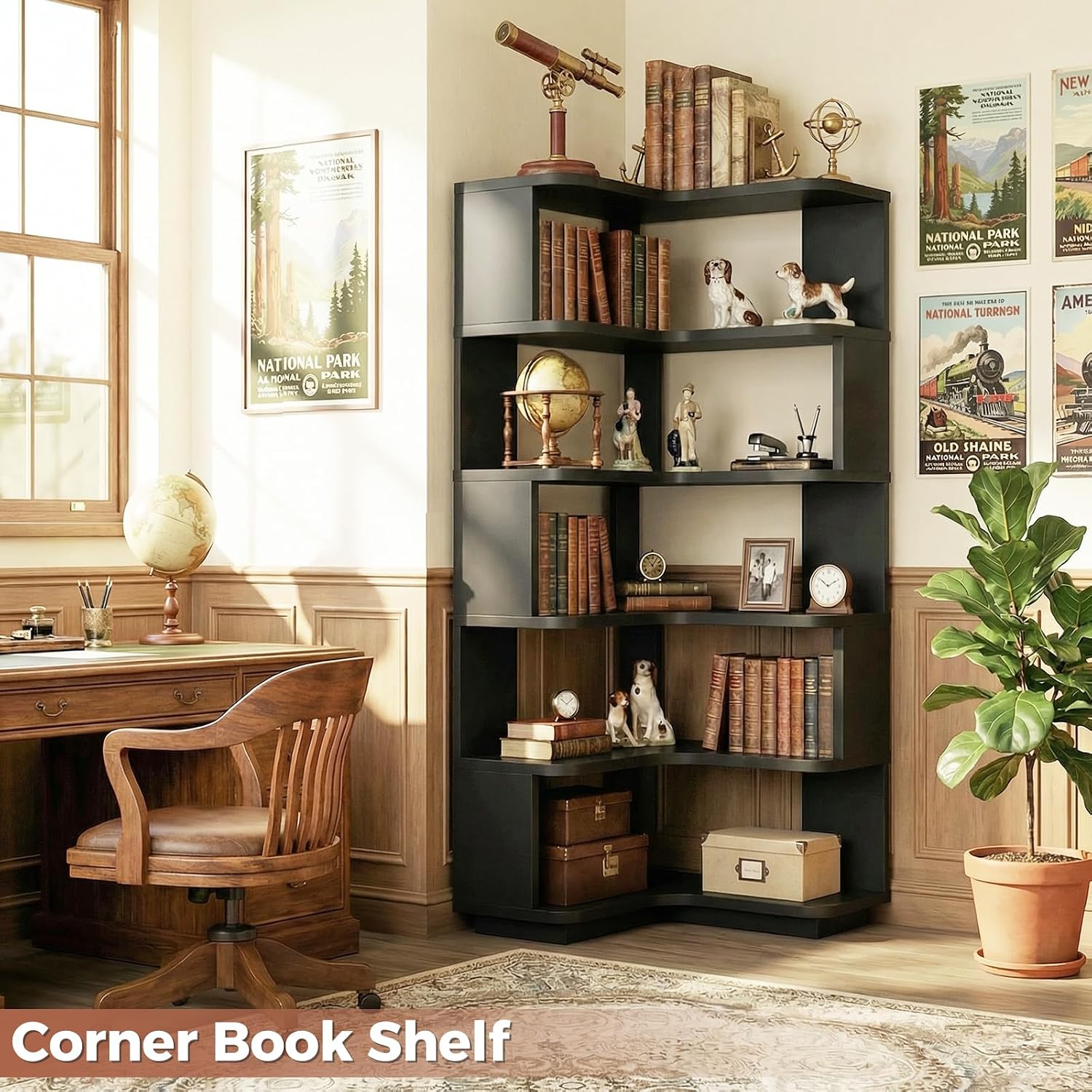 Besiost Corner Book Shelf, 6-Shelf Corner Bookshelf for Small Corner Spaces, L-Shape Bookcase Corner Display Shelf for Home Office, Living Room, Bedroom, Black