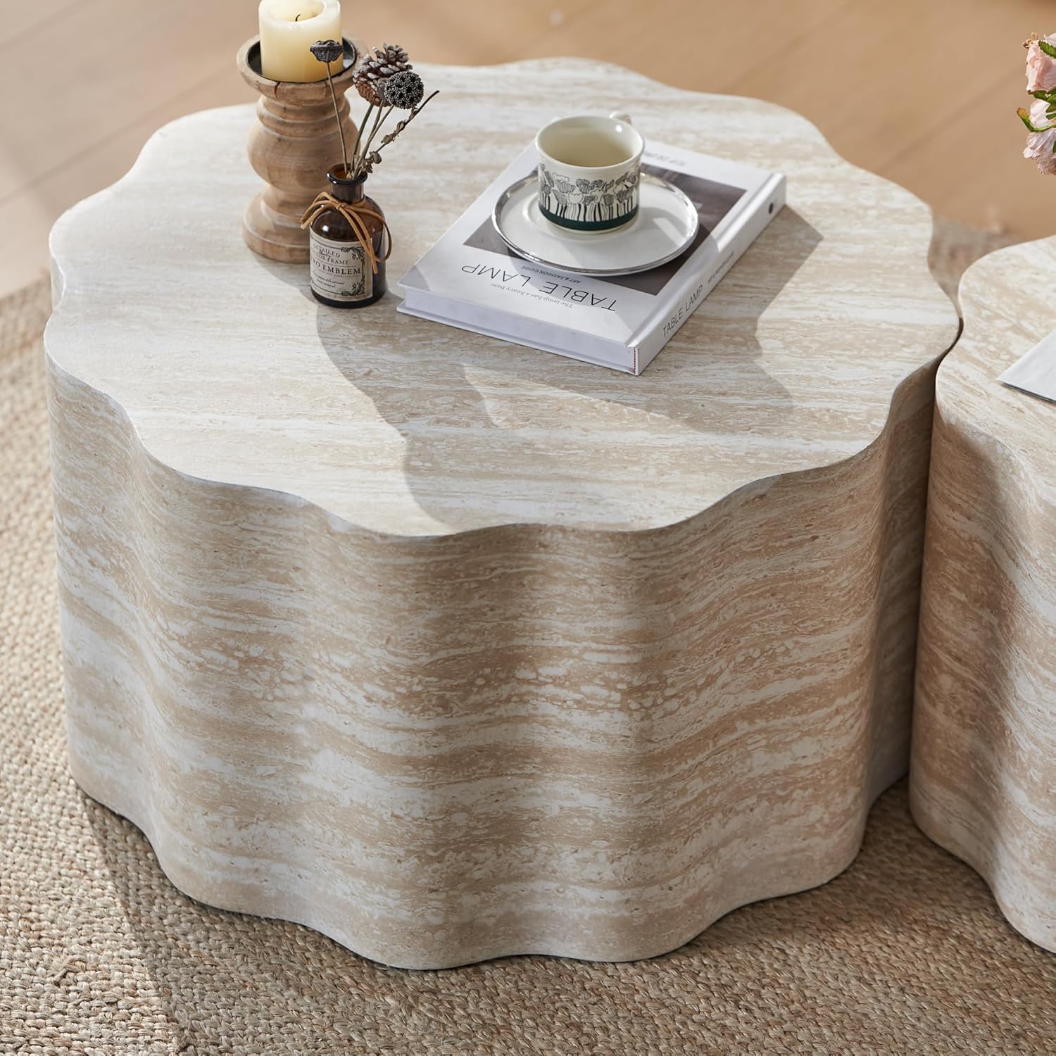 JUSTONE Set of 2 Round Coffee Tables for Living Room,Modern Fiberglass Cream Style Coffee Table Minimalist Side Tables for Apartment,Office,Matte White