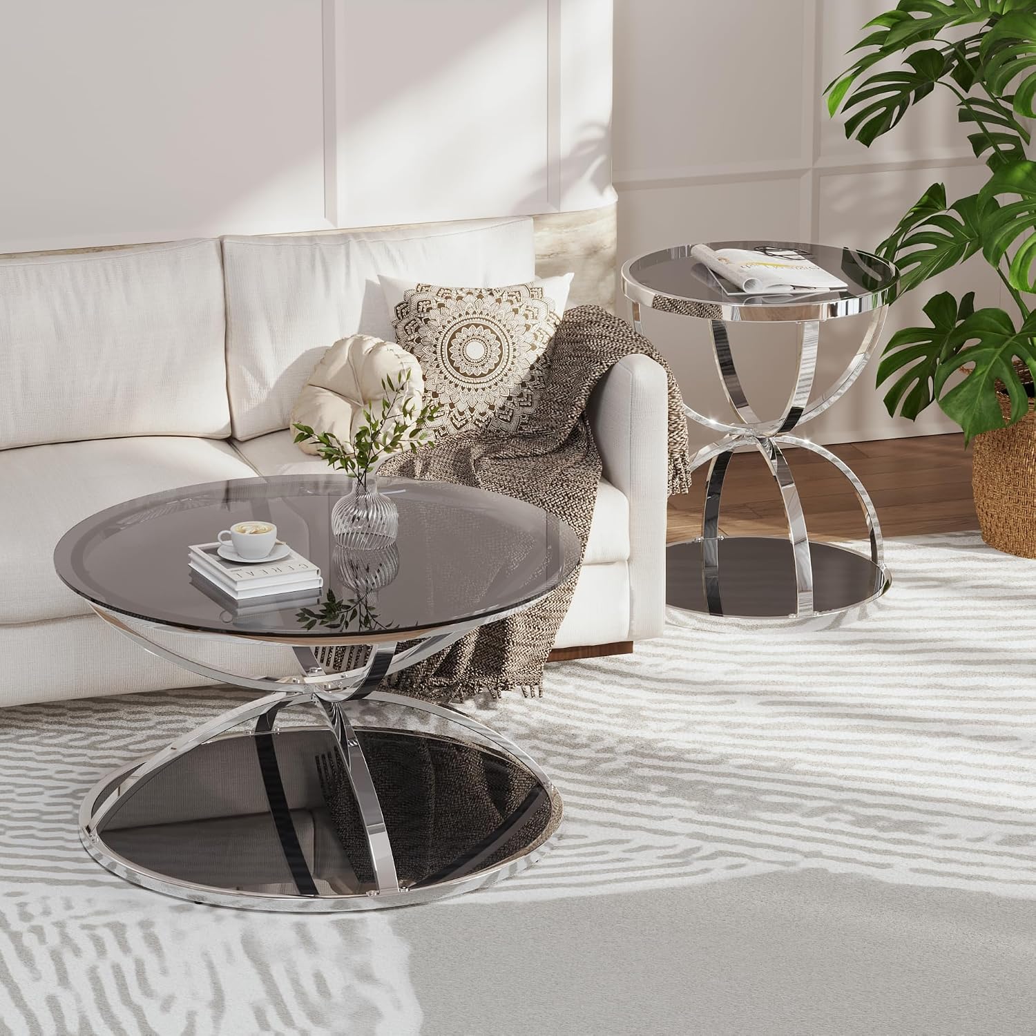 JIJIWANG 31.5' Glass Coffee Table and End Table Sets, 2 Tiers Center Table with Circular Metal Frame, Round Coffee Tables for Living Room, Bedroom, Office Silver