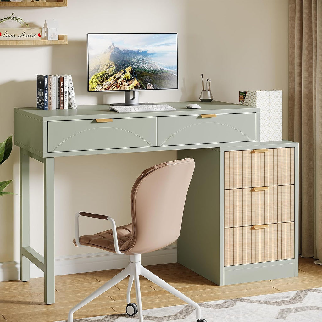 Tribesigns Computer Desk with 5 Drawers, Reversible Small Writing Desk with Storage, Modern Wooden Study Table Workstation for Home Office, Small Spaces, Mint Green