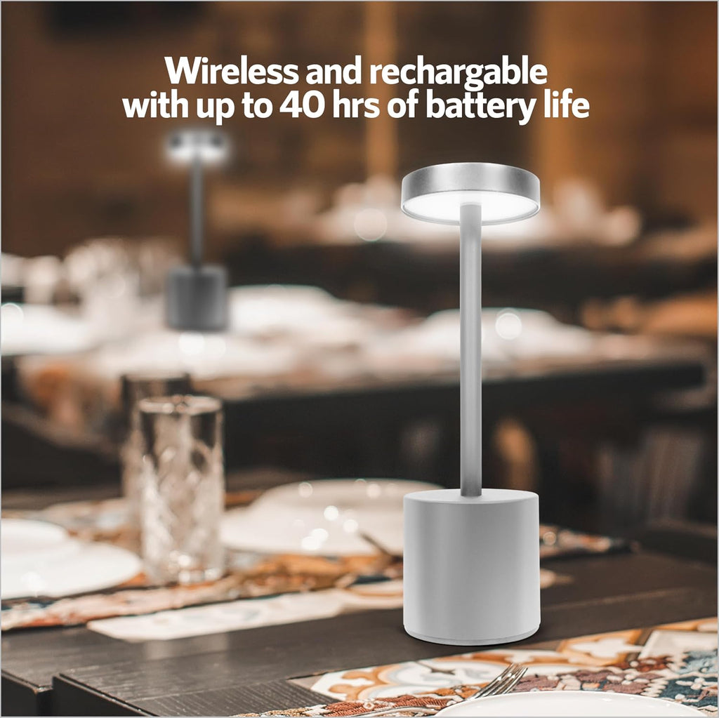 10 Pack - Silver Rechargeable Cordless Table Lamps, Portable LED Desk Lamps, Dimming 5000mAh Rechargeable Battery Powered LED Lighting for Restaurant,Bar, Bedroom, Outdoor, Party