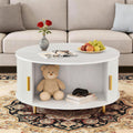 DHH Round Coffee Table, 31.5' Mid Century Modern Coffee Table with 360° Sliding Tambour Door, Fluted Accent Coffee Table with Storage Adjustable Footpads for Living Room(Grayish White)