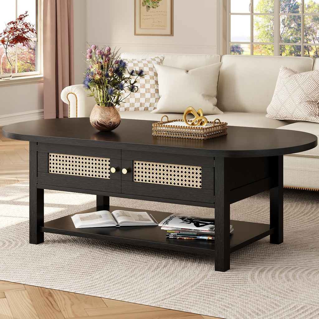 LVB Rattan Coffee Table, Boho Wood Living Room Table with Storage, Oval Modern 2-Tier Cocktail Tea Table with Doors & Open Shelf, Farmhouse Vintage Center Tables for Bedroom Office, Black Oak, 47In