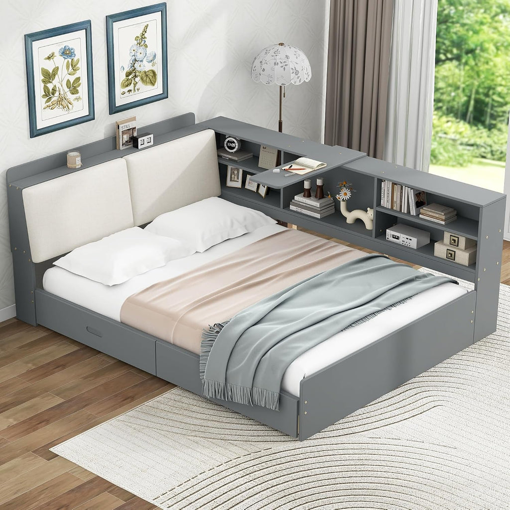 Full Daybed with Storage Headboard, Corner Platform Bed with Shelves, Storage Board and 2 Drawers, Solid Wooden Slats Support, Gray
