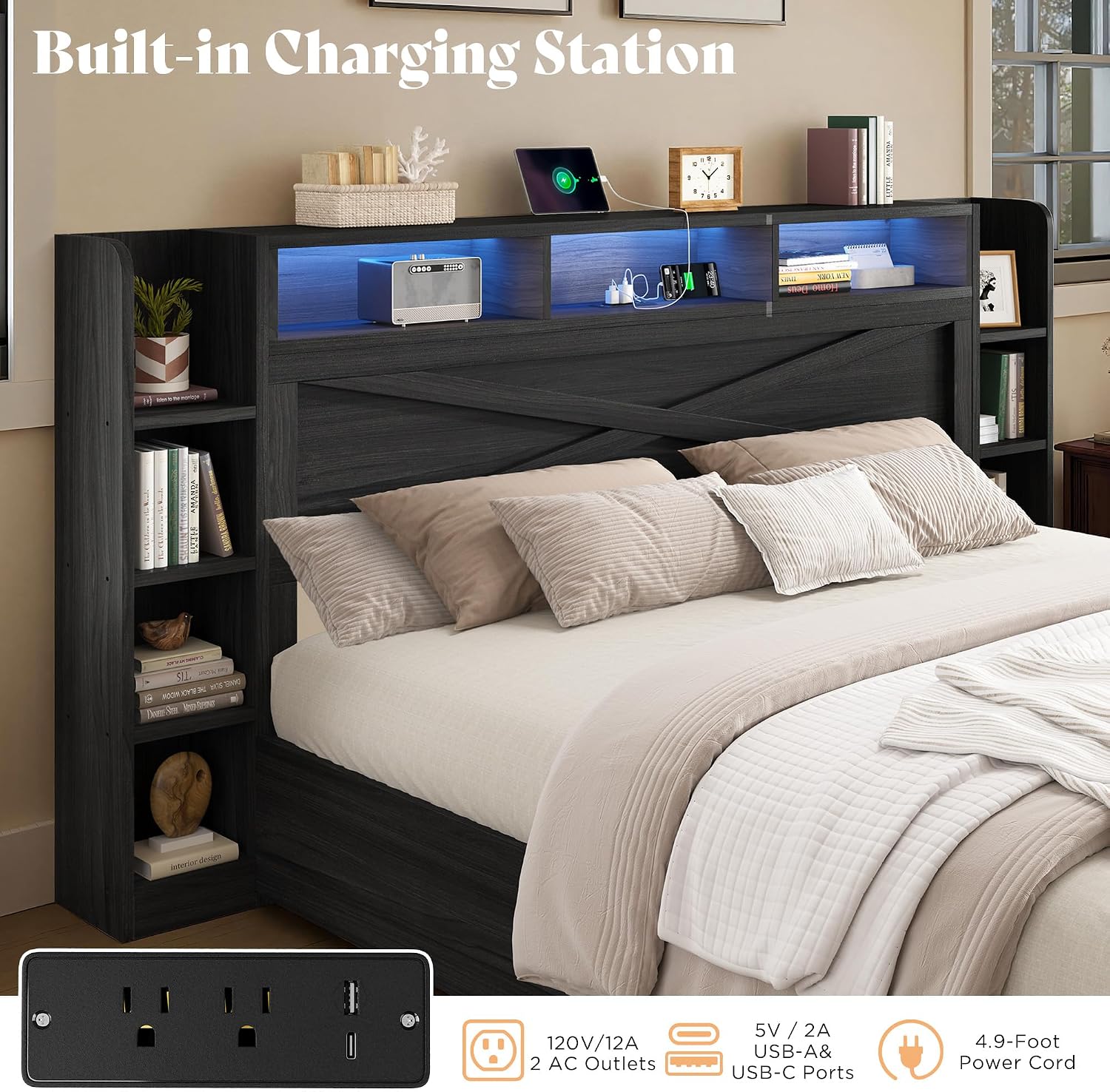 AMERLIFE 45'' Farmhouse Queen Bed Frame with 4 Drawers, LED Bed Frame with Bookcase Headboard & Side Shelves, Wood Platform Bed with Charging Station, Black