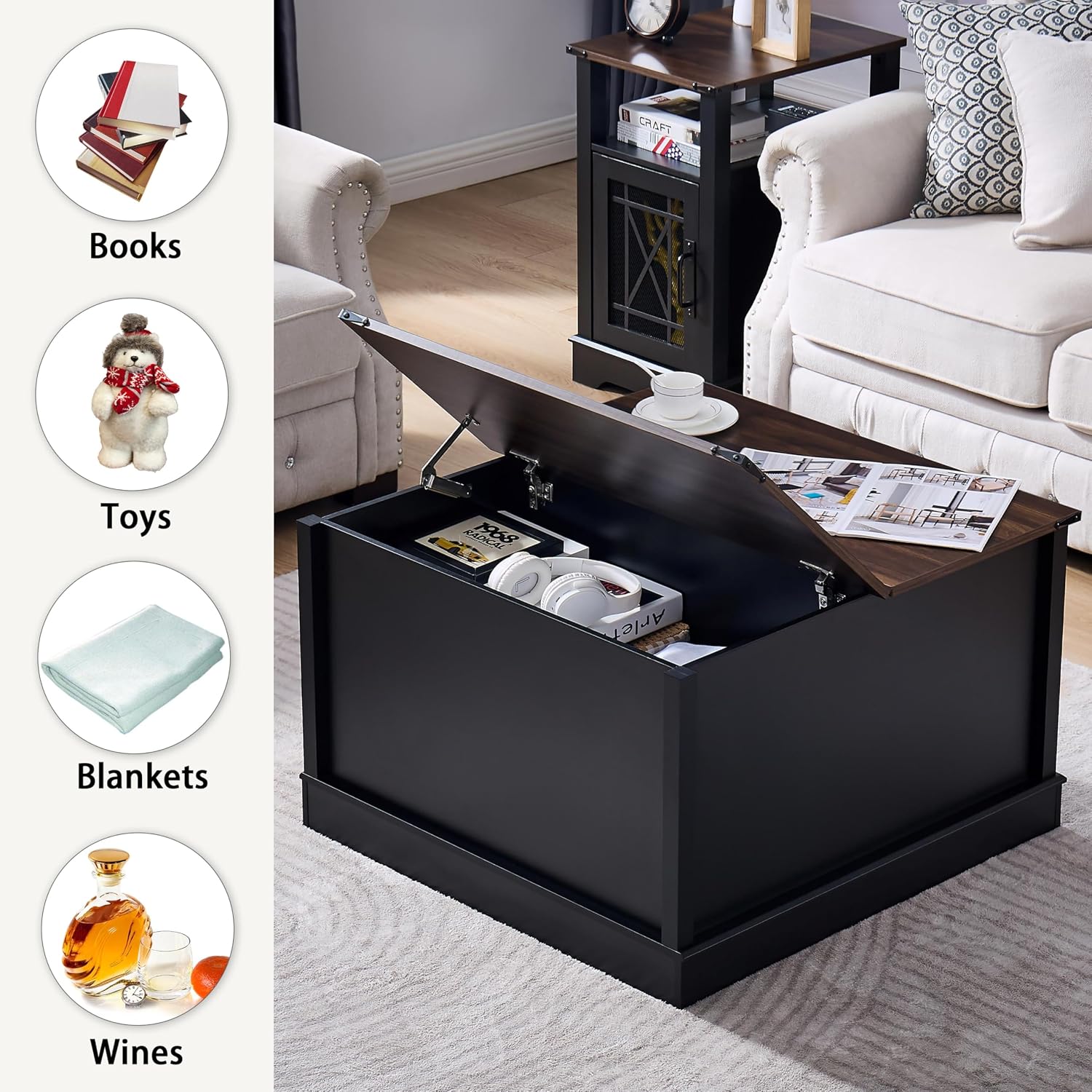 Square Coffee Table, Farmhouse Coffee Tables for Living Room, Wood Coffee Table with Storage, Black Coffee Table with Hidden Compartment, Rustic Center Coffee Table with Lift-up Top