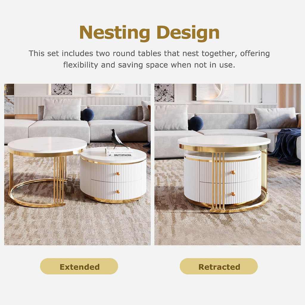 Modern 2 Pieces White Round Nesting Coffee Table with Drawers in 27.6''