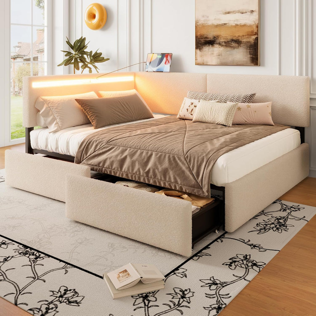 Full Size Boucle Corner Day Bed Frame with Upholstered Headboard, L-Shaped Daybed with USB Ports, Storage Drawers and Tufted Back, No Box Spring Needed, for Bedroom, Livingroom, Beige