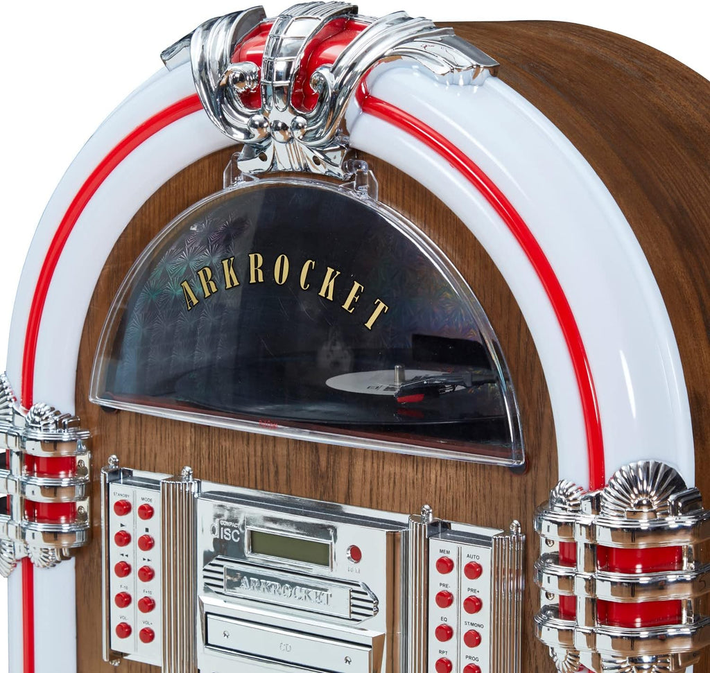 Arkrocket Full Size Jukebox Vinyl Record Player Bluetooth USB SD CD Player Radio Retro Turntable Classic Jukebox (Taurus II + Stand - Oak)