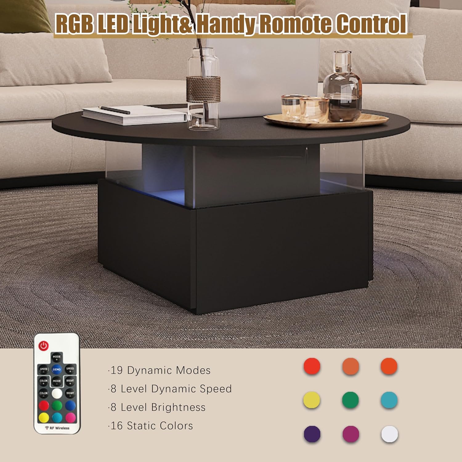 HedoAjim 31.5' Round Coffee Table for Living Room, LED Modern Living Room Table with Storage, Square Acrylic Coffee Tables with 2 Sliding Drawers, Wood Center Table for Reception Dinning Room, Black