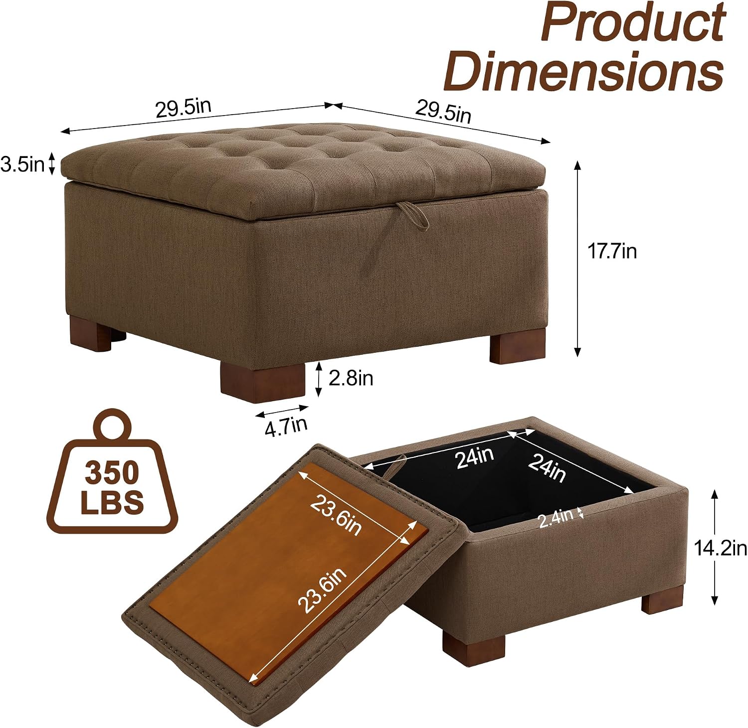 WUTUTUEE 30' Fabric Square Storage Ottoman with Wooden Tray, Modern Tufted Button Footstool Coffee Table, Upholstered Large Ottoman for Living Room, Bedroom, Brown