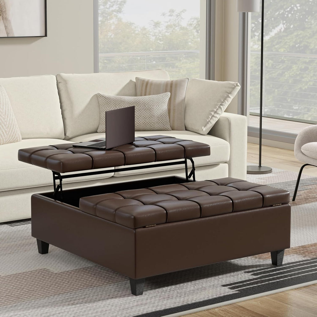 SIMPLIHOME Harrison Large Coffee Table Storage Ottoman - 40 inch Wide Upholstered Vegan Leather Square Lift-Top Ottoman in Chocolate Brown, Transitional Bench for Living Room with Sturdy Base