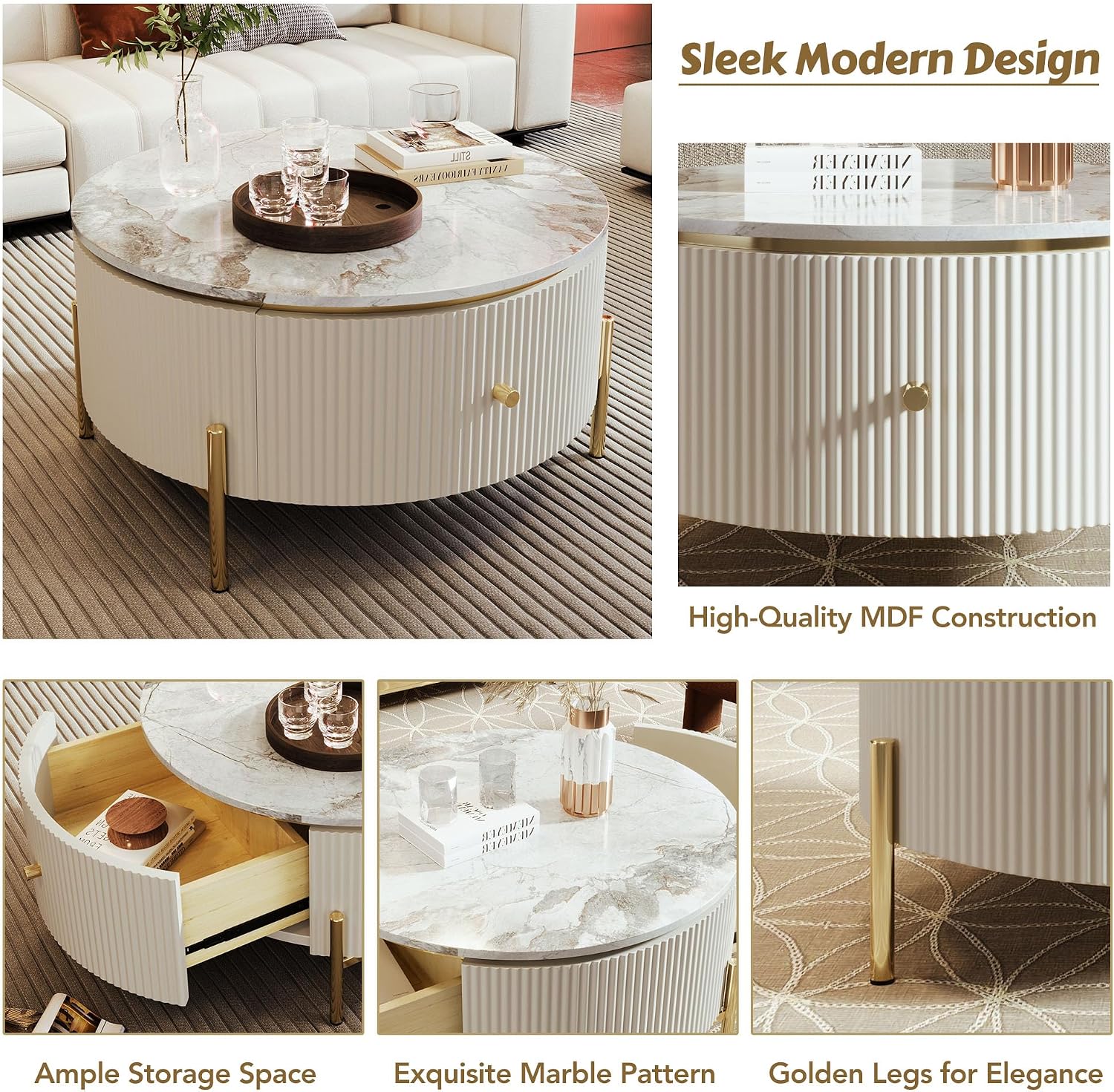 JUSTONE Modern Round White & Gold Coffee Table with Drawers,Drum Coffee Table with Golden Legs Circular Center Table with Marble Pattern Top for Living Room Apartment Office-White
