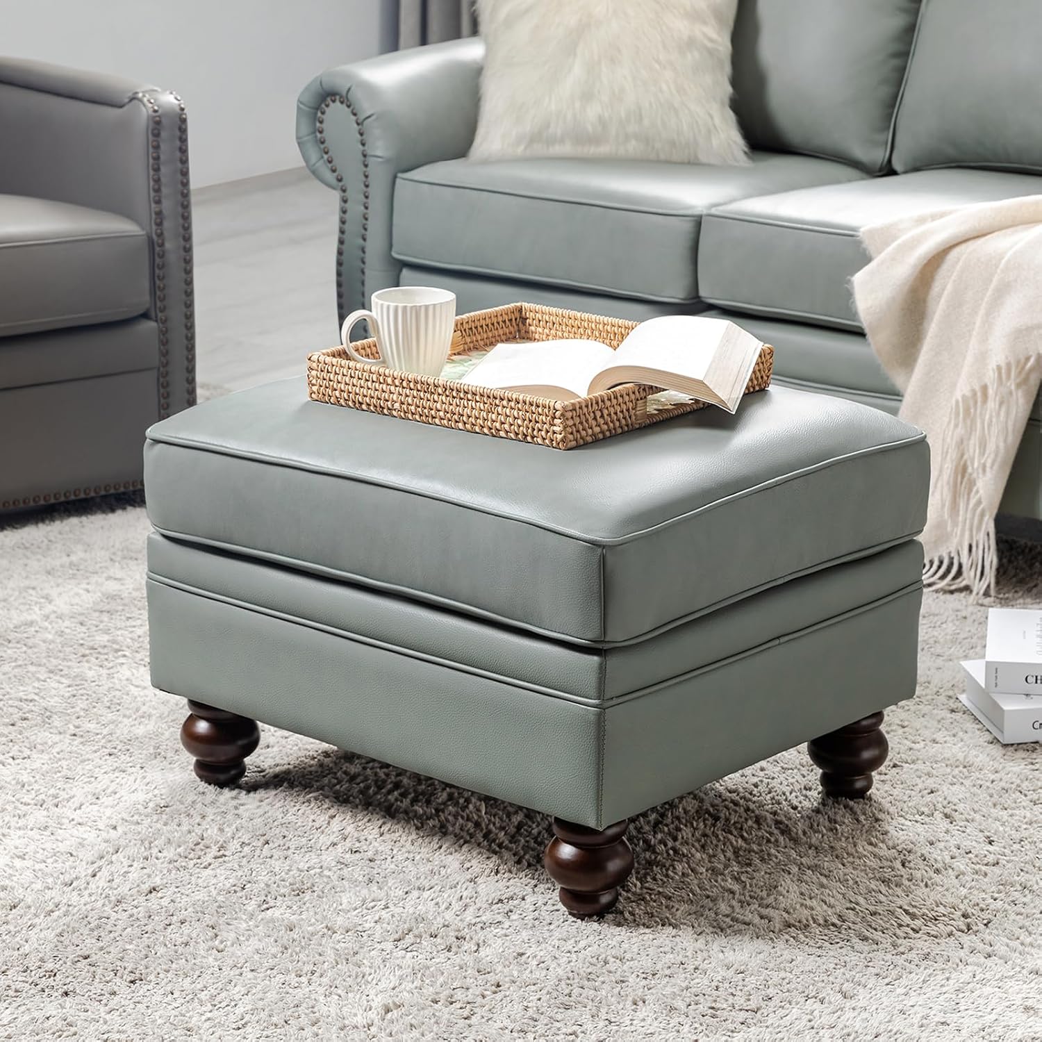 HULALA HOME Genuine Leather Ottoman Coffee Table, Ottoman Foot Rest for Living Room & Lounge, Sage