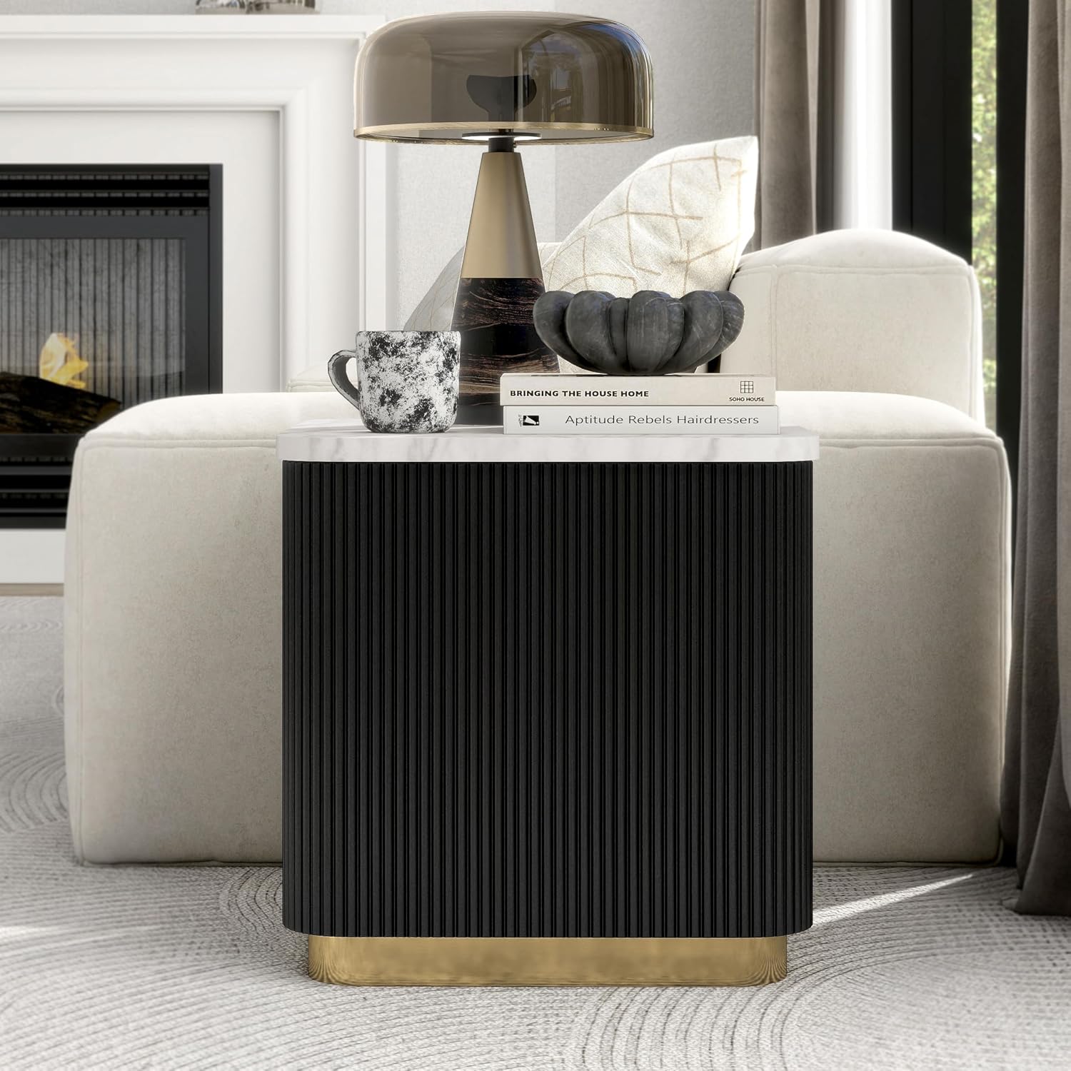 Furniture of America Beryl Modern Square White Genuine Marble Top End Table with Fluted Pedestal Base and Gold Stainless Steel Accent, Low Profile Table for Living Room, Home Office, Black