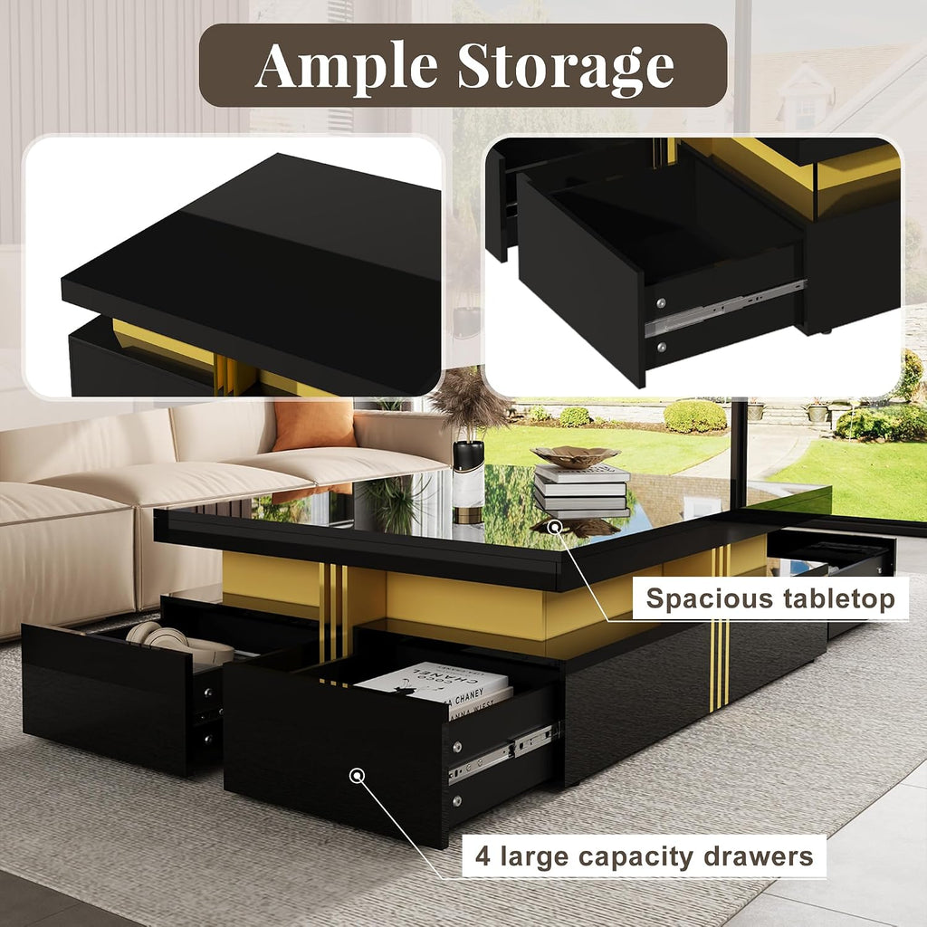 Merax 43.3' Modern Glossy Square Storage Coffee Table with 4 Drawers, Gold Accents, Functional Center Tables for Living Room Apartment, Glossy Black