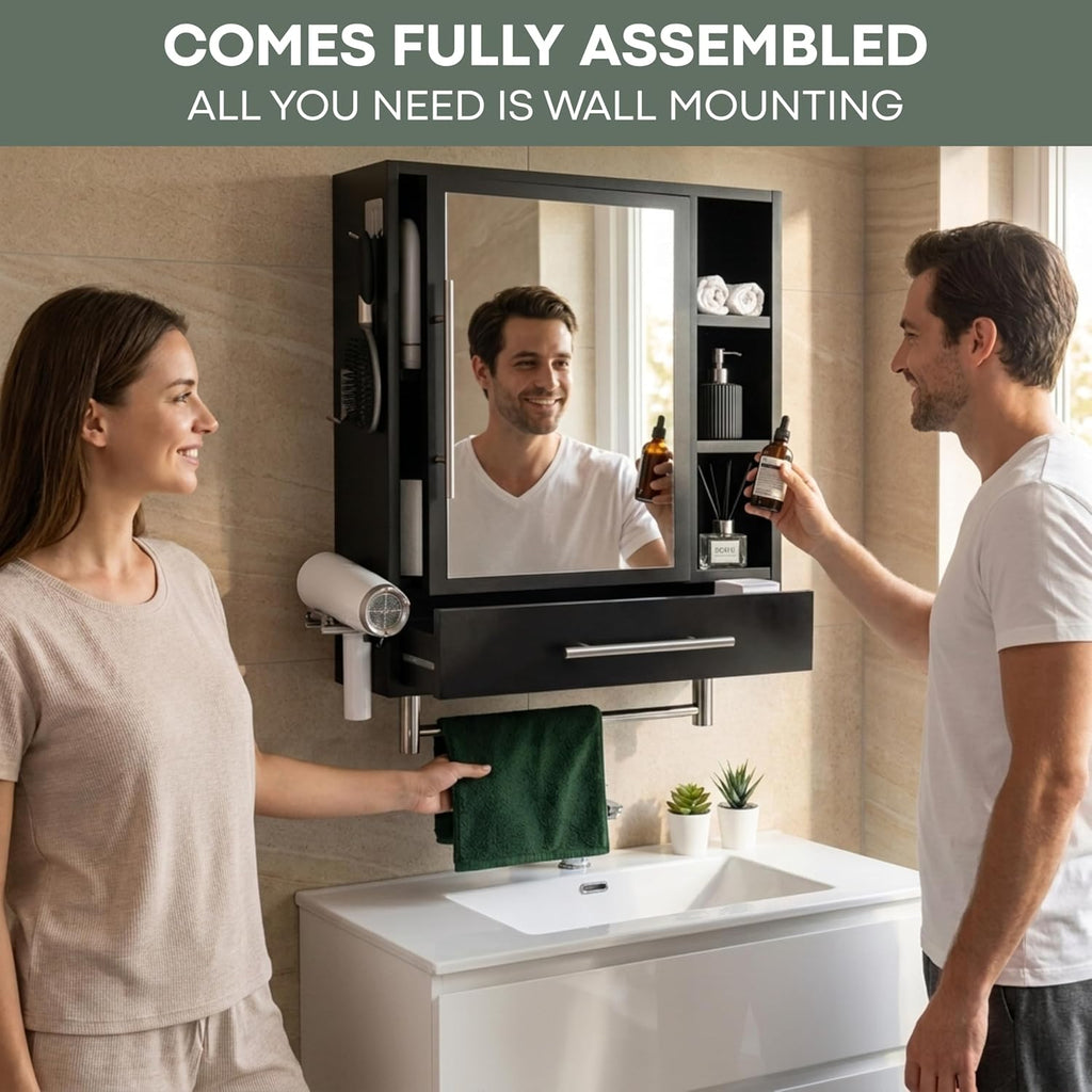 PRE-ASSEMBLED Bathroom Wall Cabinet with Mirror, READY-To-INSTALL Medicine Cabinet, Over the Toilet Storage Cabinet with Storage Shelves, Towel Bar & Hooks for Bathroom, Laundry, Living & Room Kitchen