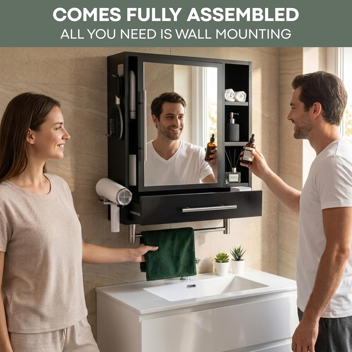 PRE-ASSEMBLED Bathroom Wall Cabinet with Mirror, READY-To-INSTALL Medicine Cabinet, Over the Toilet Storage Cabinet with Storage Shelves, Towel Bar & Hooks for Bathroom, Laundry, Living & Room Kitchen